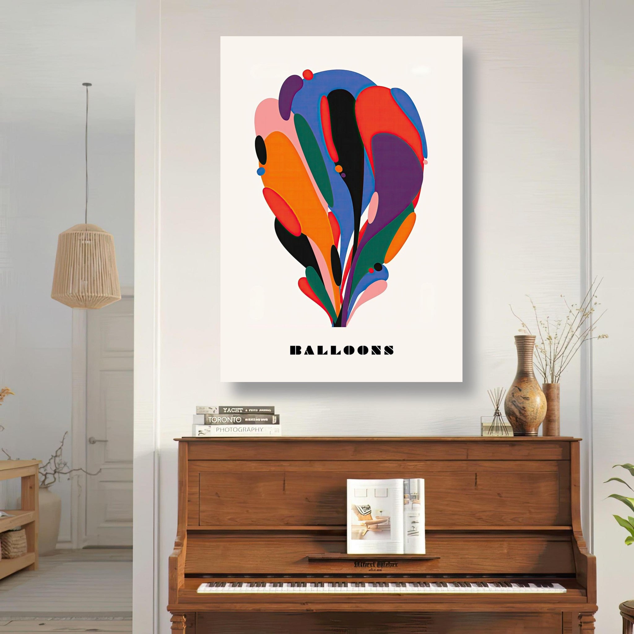 Abstract Balloon Art Metal Print in vibrant colors hanging in a stylish living room above a piano.