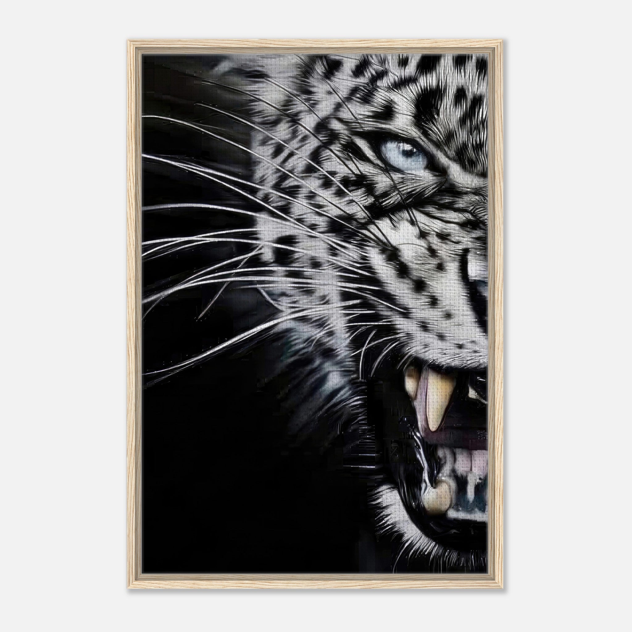 Close-up portrait of a fierce leopard in a frame, showcasing intense gaze and bared fangs, perfect for wall decor.