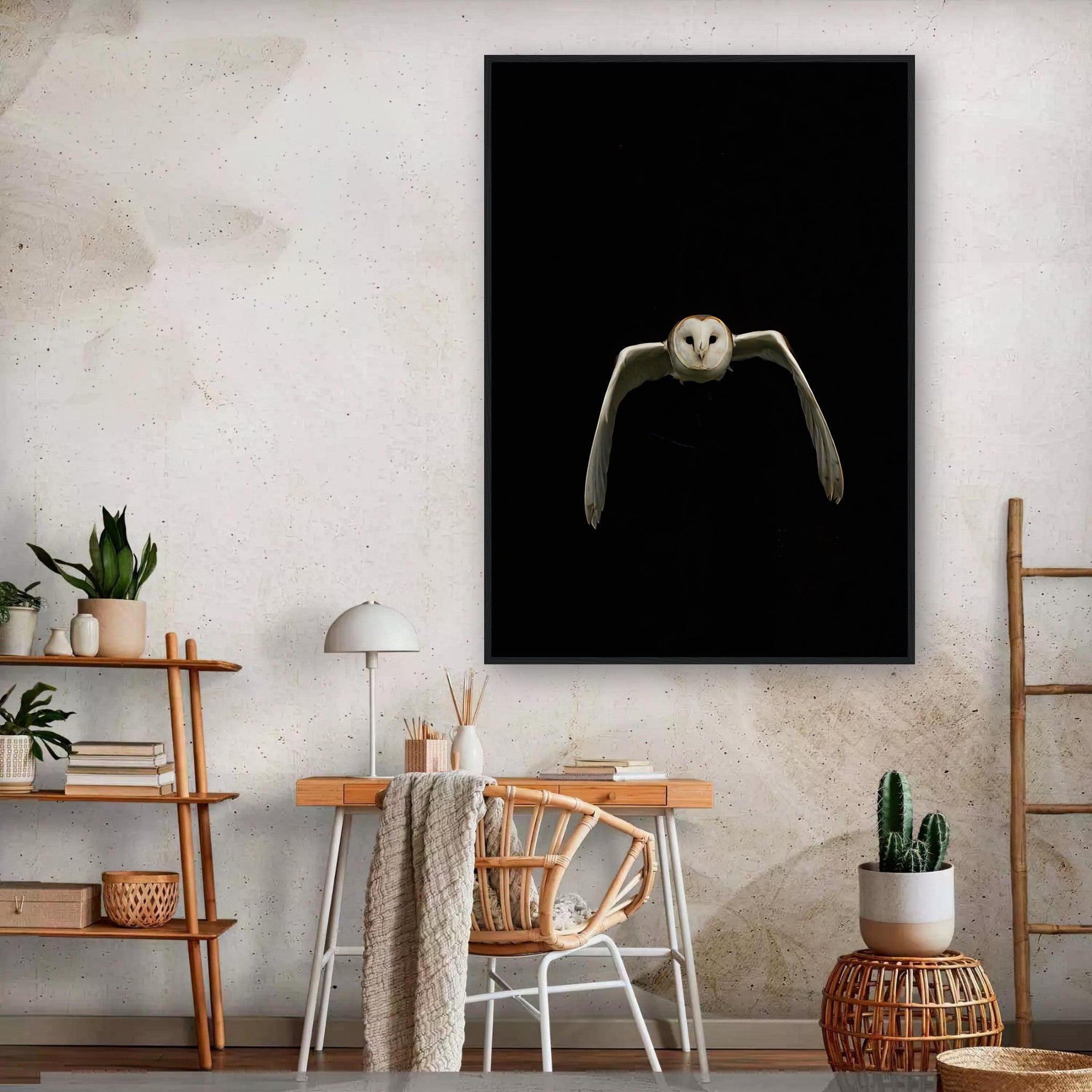 Owl framed print featuring a barn owl in flight against a black background, enhancing modern interior decor.