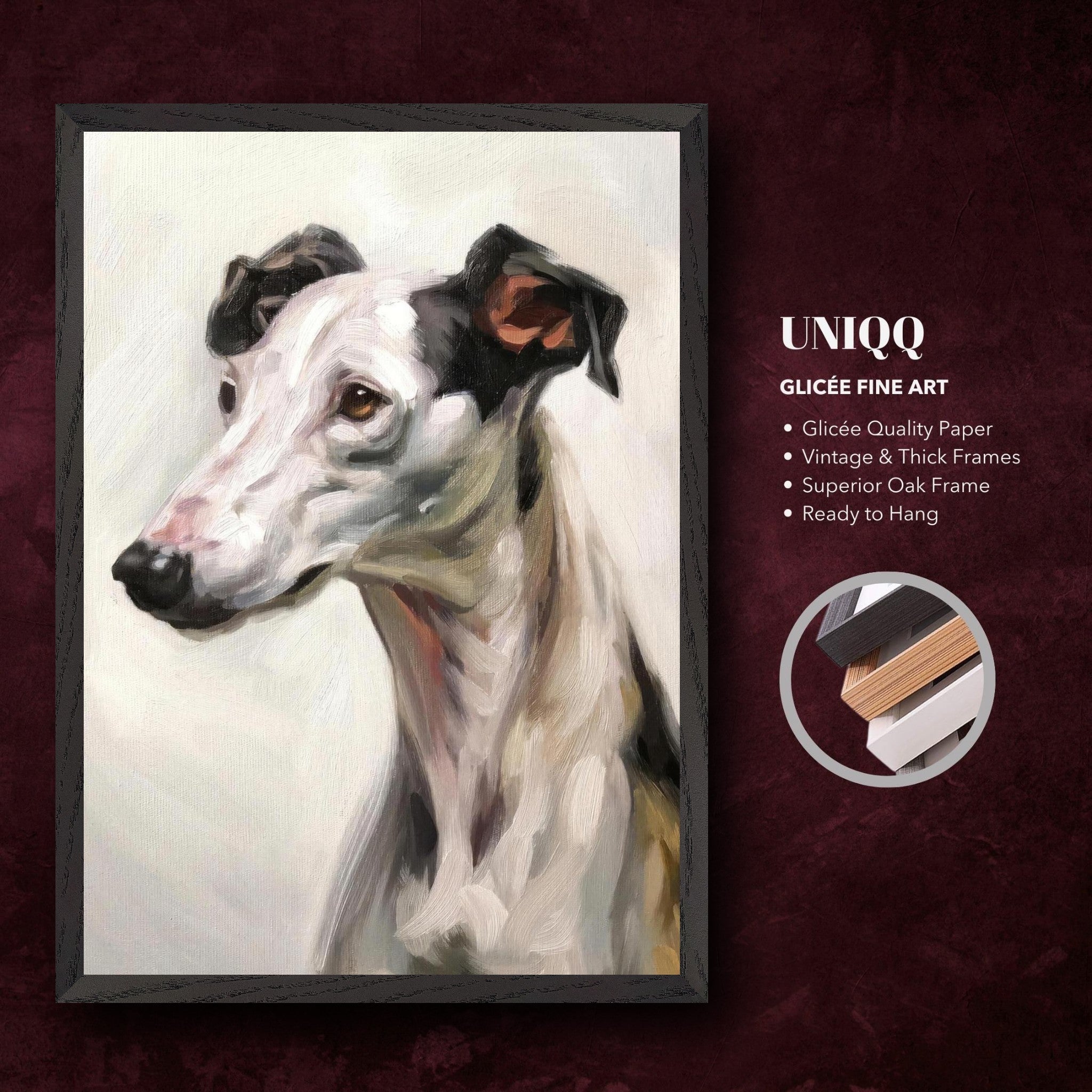 Greyhound dog fine art painting in vintage frame, showcasing elegant design and detailed brushwork.