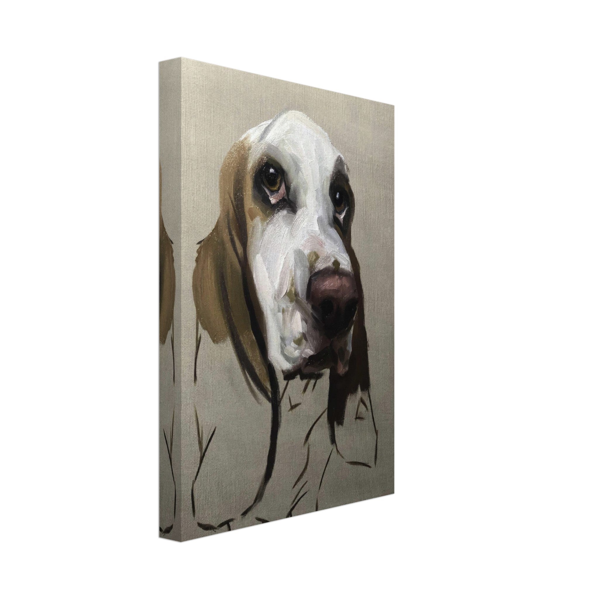 Basset Hound dog painting canvas print showcasing a soulful expression and droopy ears, perfect for home decor.