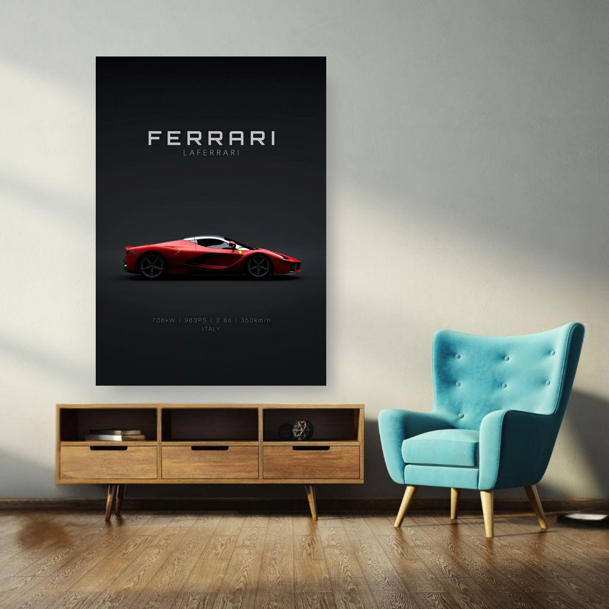 Ferrari Laferrari poster on wall, showcasing the iconic hypercar with a sleek red design on a dark background.