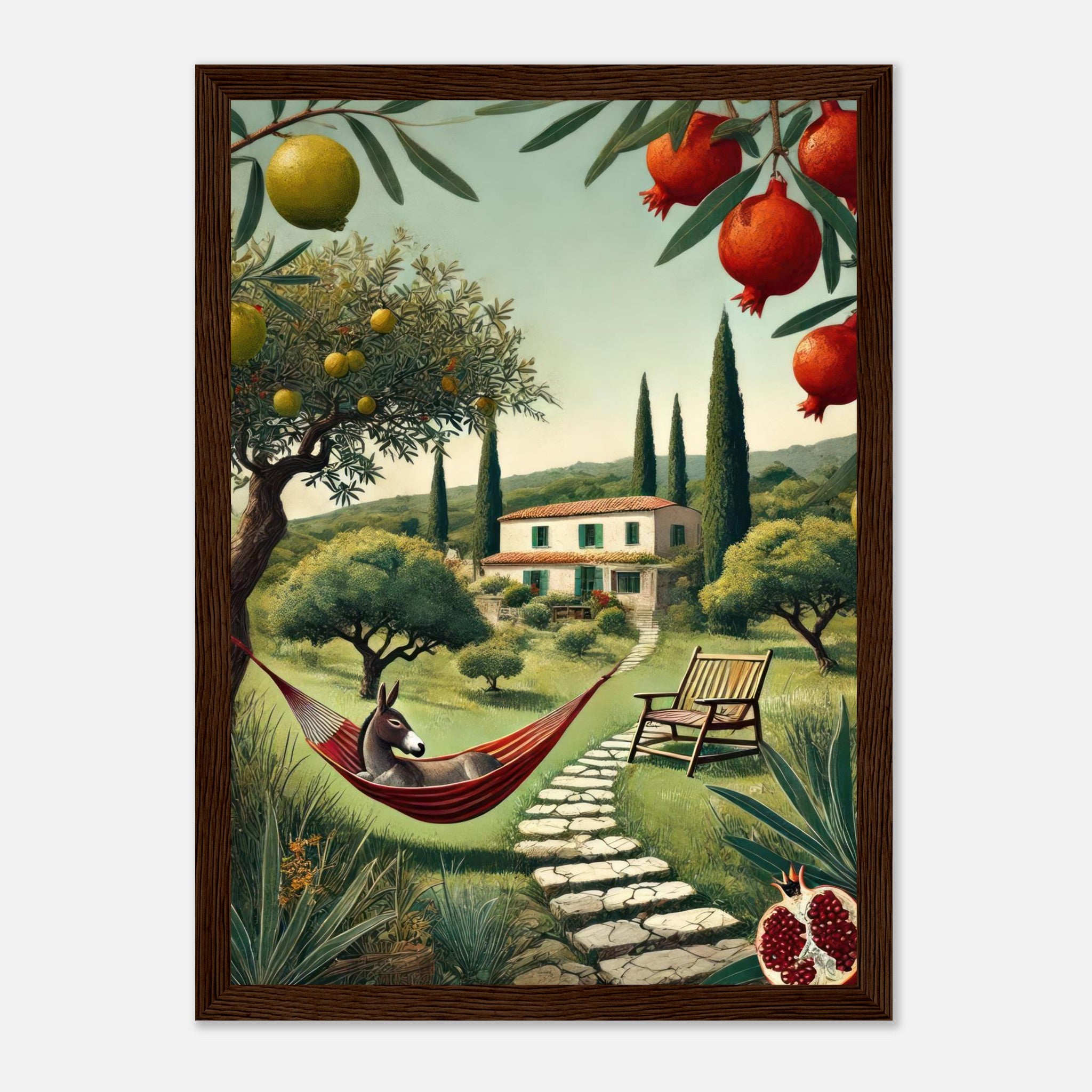 Framed print of a Mediterranean landscape with a donkey in a hammock, lush greenery, and fruit trees.