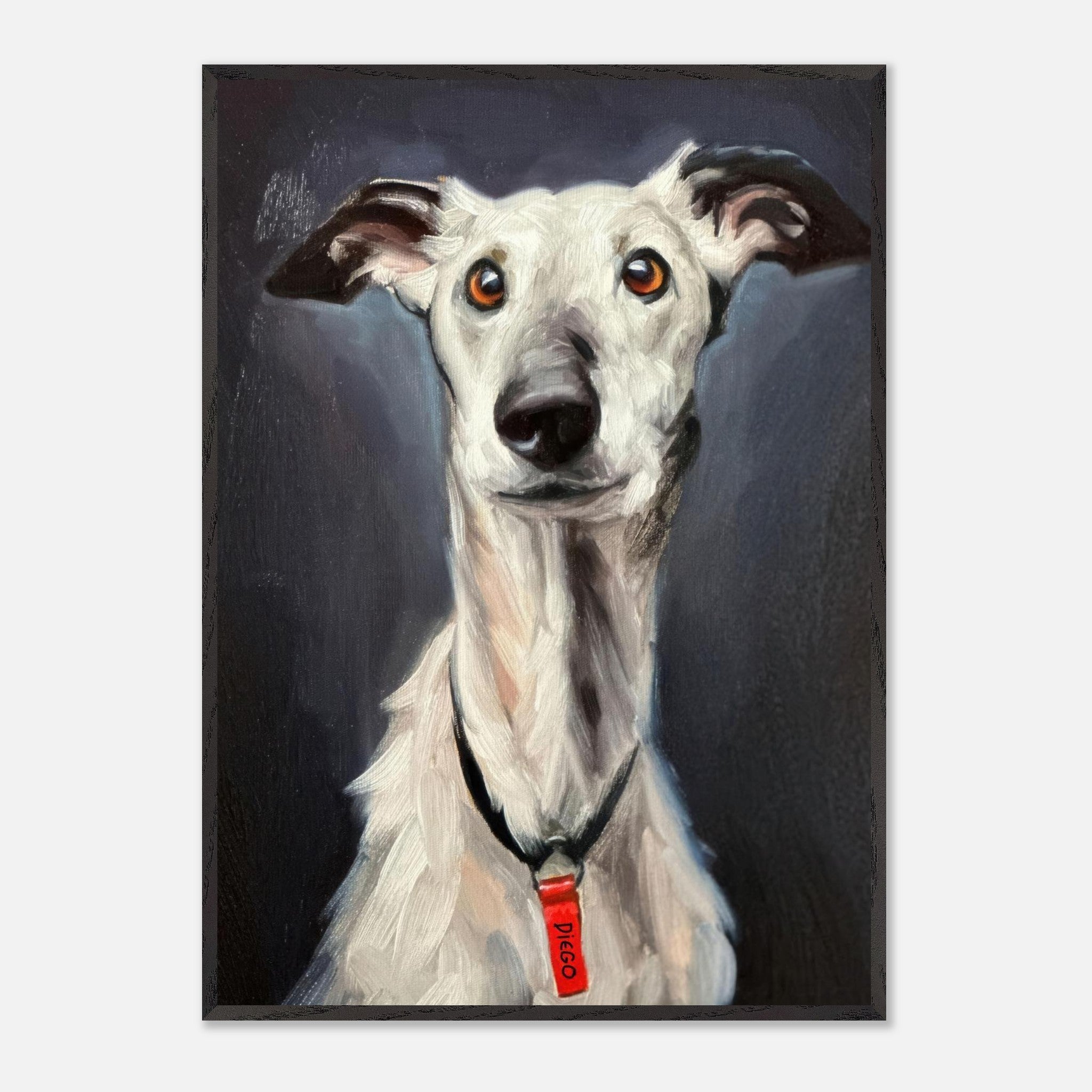 Greyhound dog painting in fine art style, showcasing soulful expression and museum-quality detail.