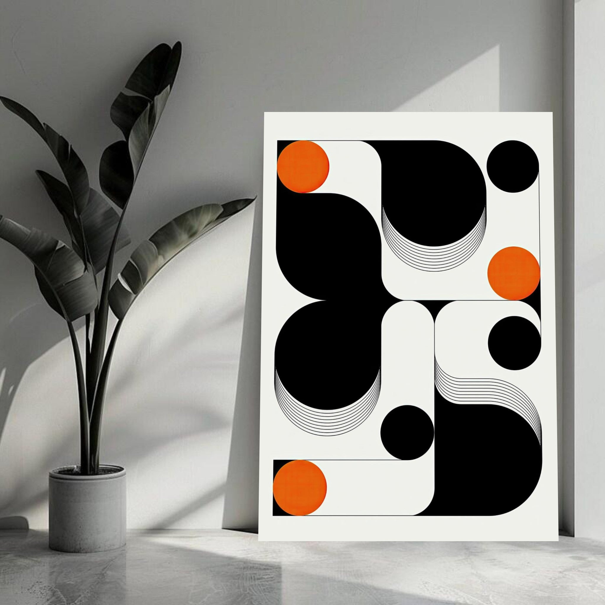 Modern geometric abstract art metal print featuring black, white, and vibrant orange circles and curved lines in a contemporary setting.