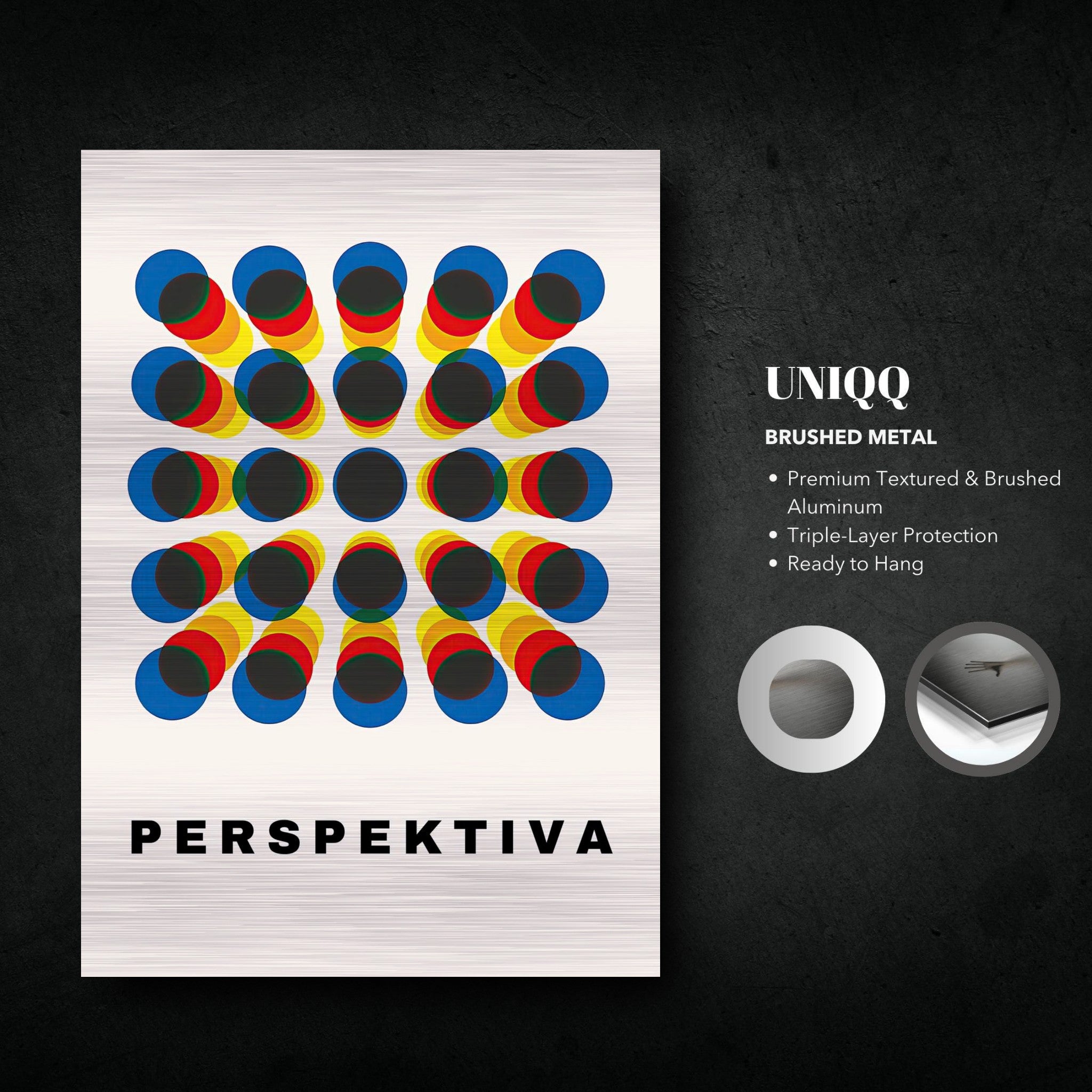 Perspective Abstract Art on brushed metal featuring vibrant circles and geometric design, ready to hang.