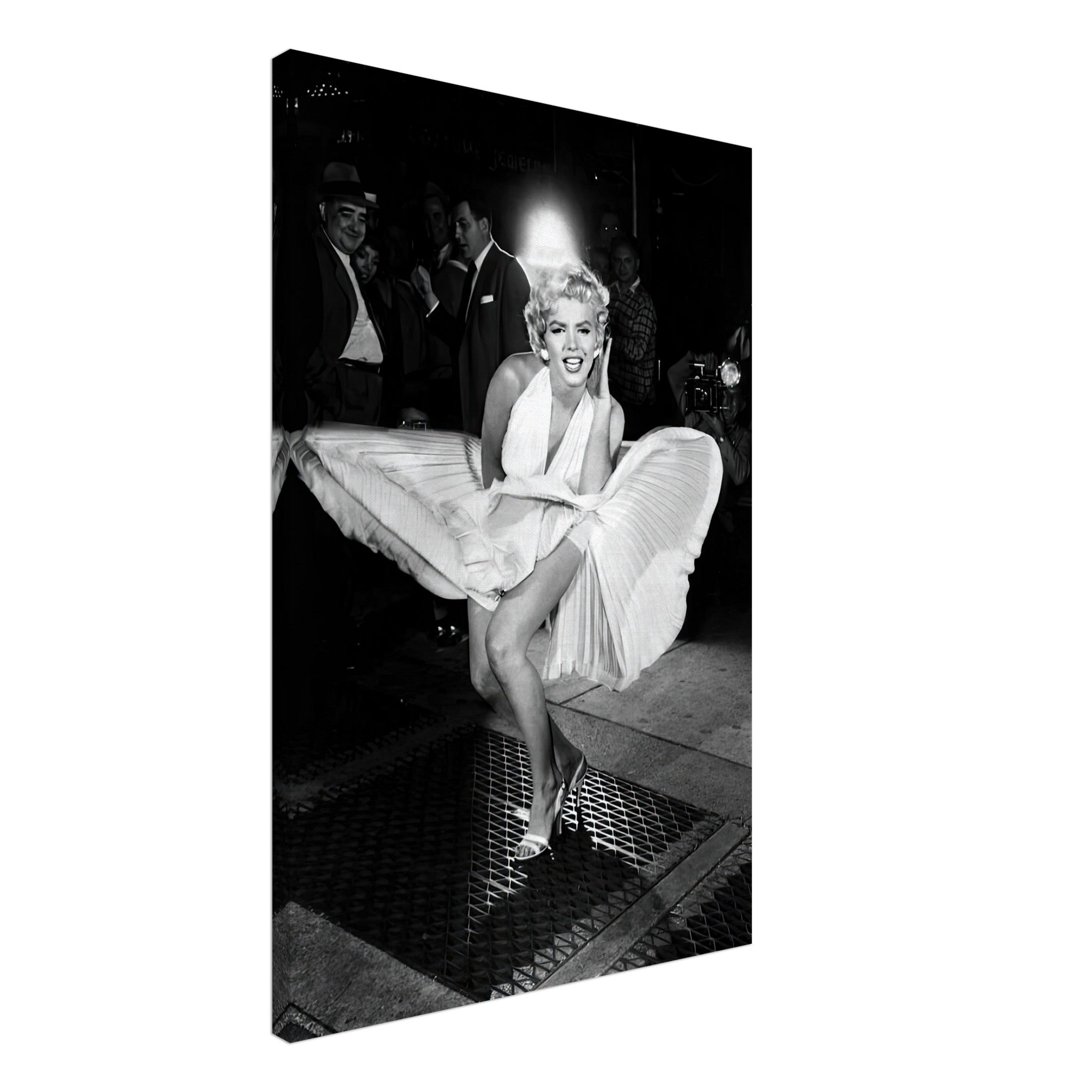 Marilyn Monroe in white dress, wind-blown canvas print capturing iconic Hollywood glamour and charm.