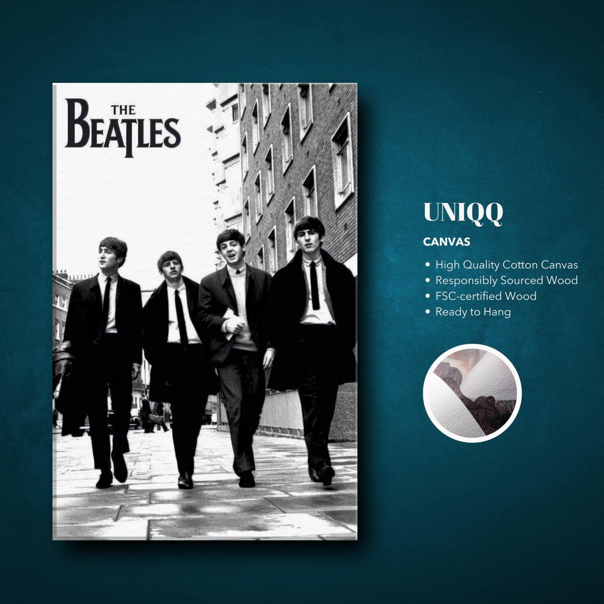 The Beatles Cover Canvas Print featuring iconic band members in black and white, high-quality cotton canvas.