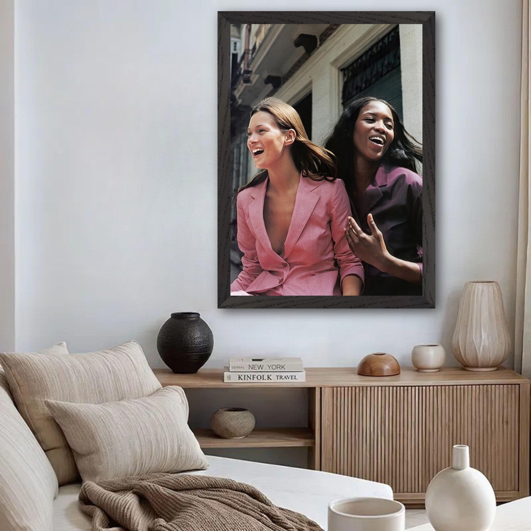 Naomi Campbell and Kate Moss Vintage Framed Print in a chic living room setting, showcasing timeless fashion elegance.