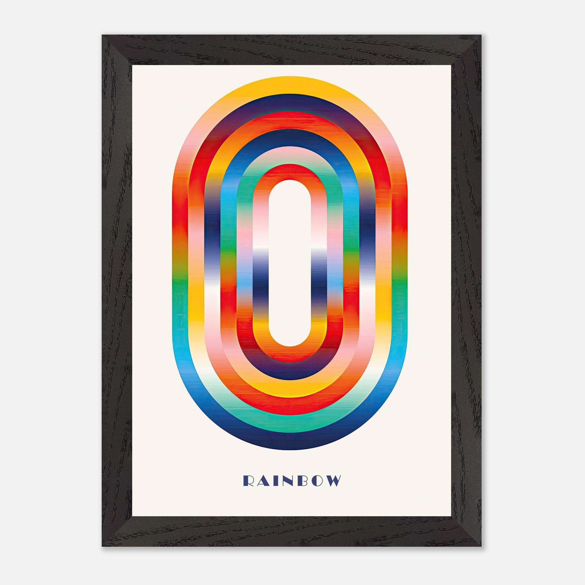 Abstract rainbow geometric art print in a vintage frame, featuring vibrant colors and bold patterns.
