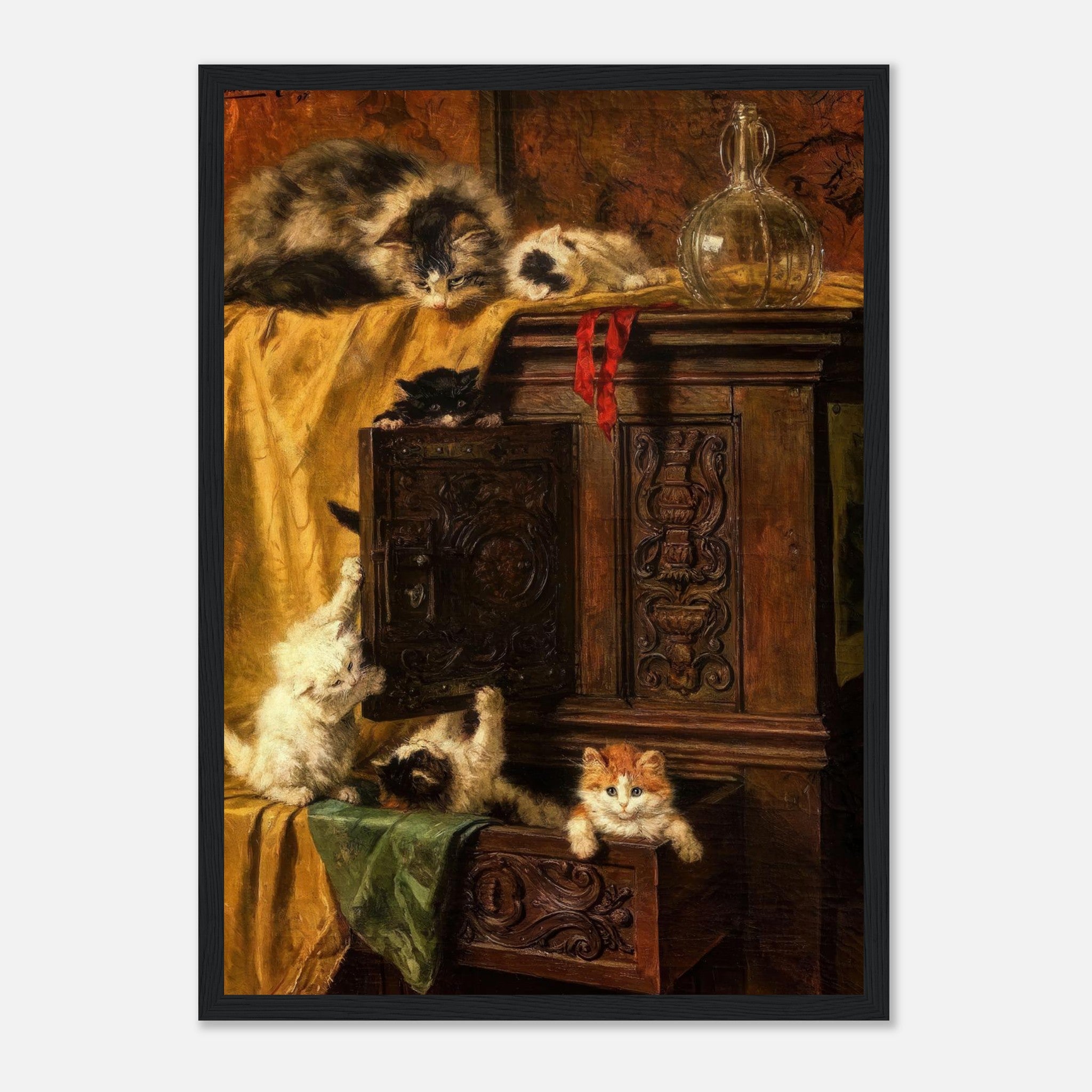 Vintage Cat Painting Framed Print with playful kittens on a wooden cabinet in warm tones.