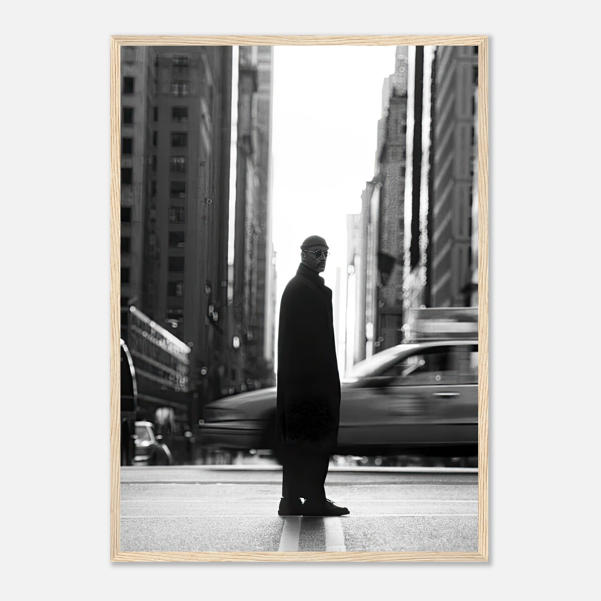 Jean Reno as Leon in a black-and-white framed print, standing in New York's bustling streets.
