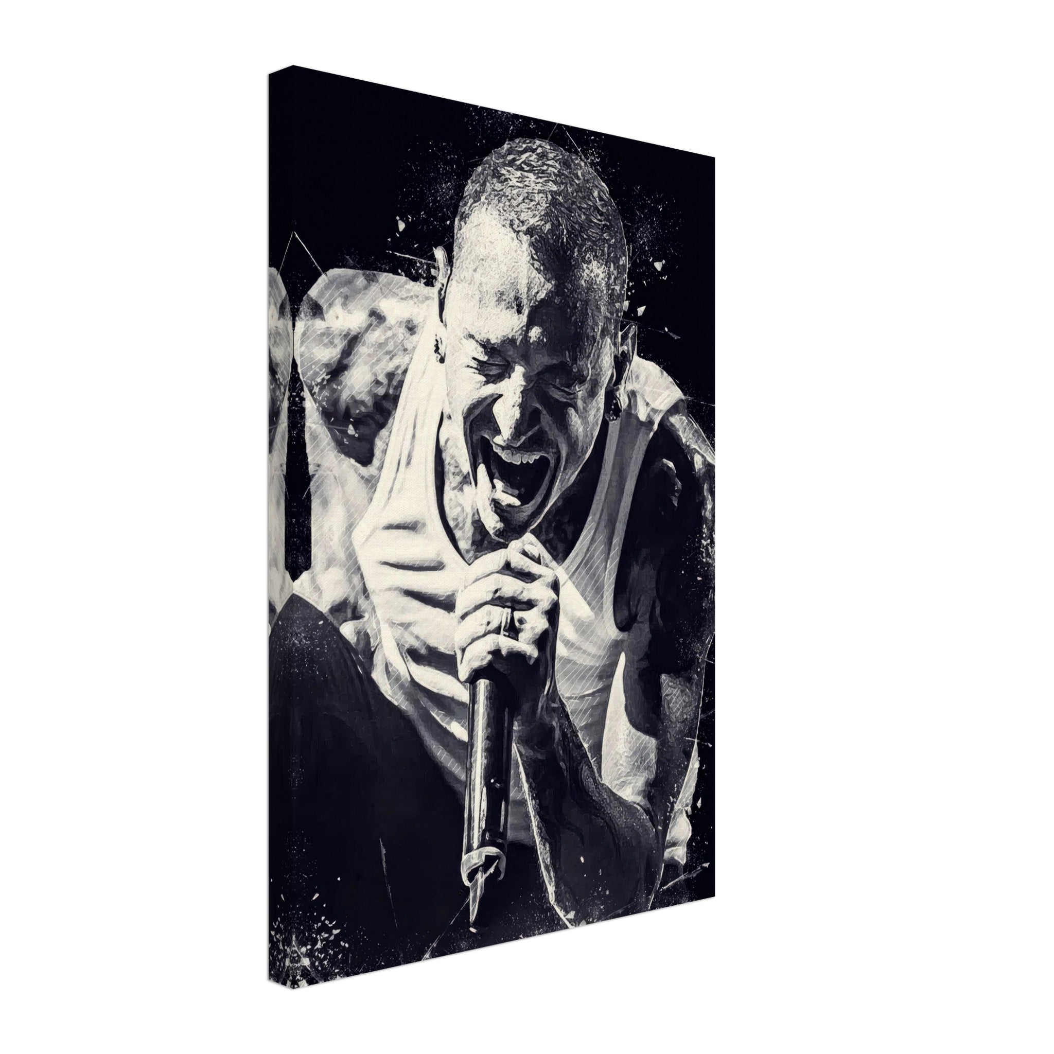 Chester Bennington canvas print featuring a striking black-and-white depiction of the iconic Linkin Park frontman.