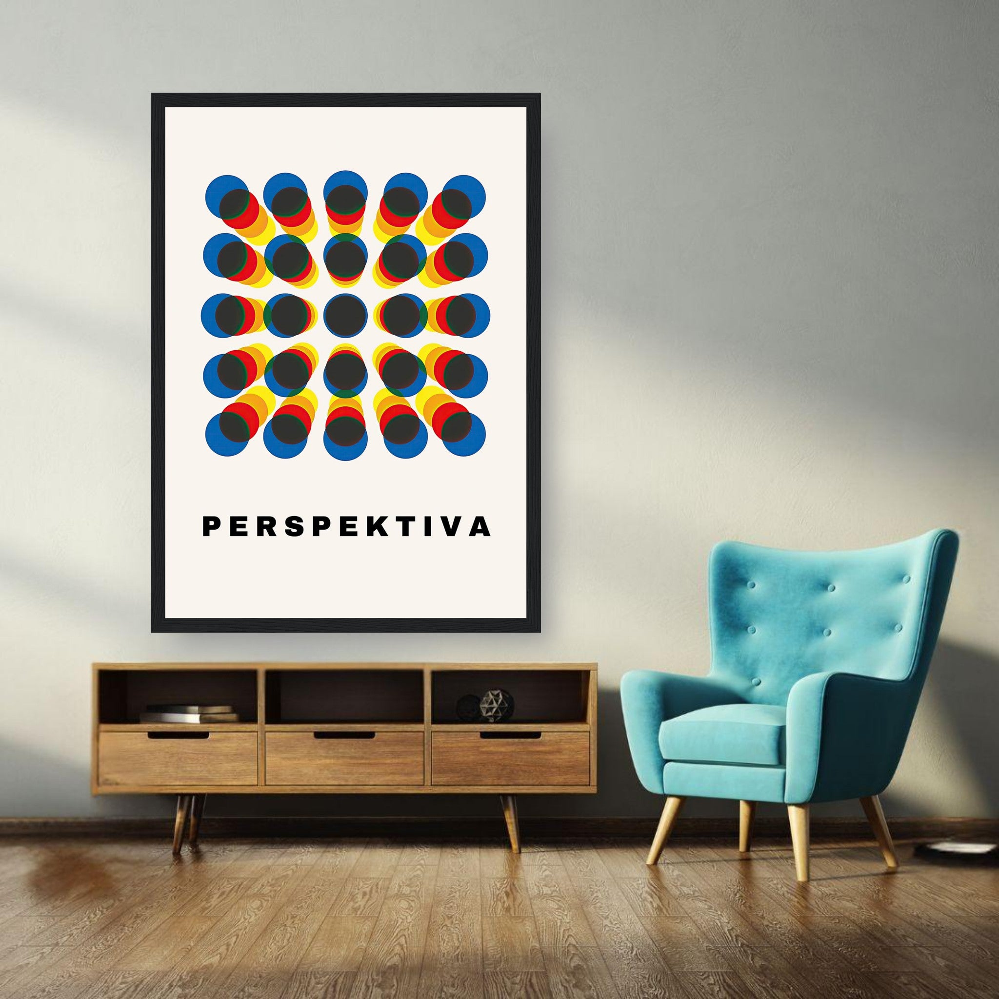 Perspective Abstract Art Framed Print showcasing vibrant geometric patterns and colors in a stylish living room setting.