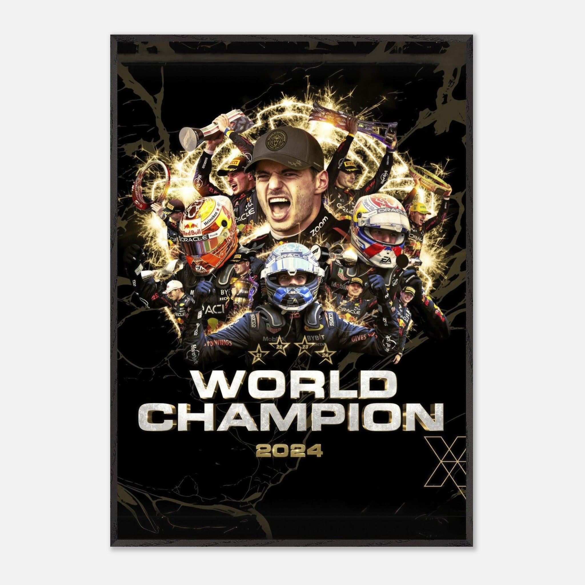 Max Verstappen 2024 World Champion fine art print featuring celebratory imagery and vibrant design elements.