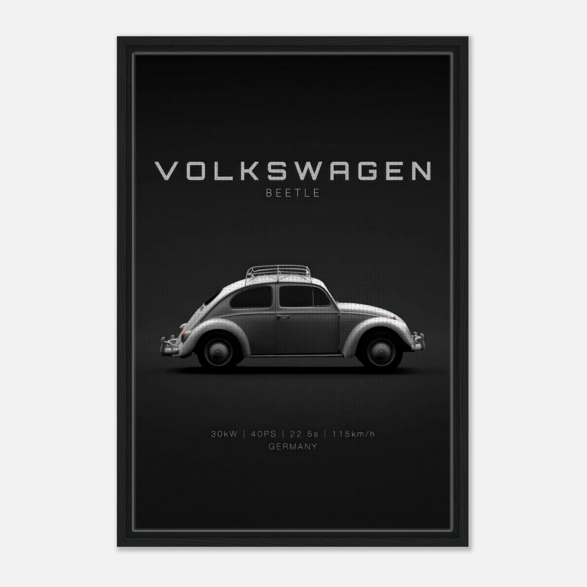 Volkswagen Beetle framed canvas artwork highlighting vintage design with sleek black background and minimalist typography.
