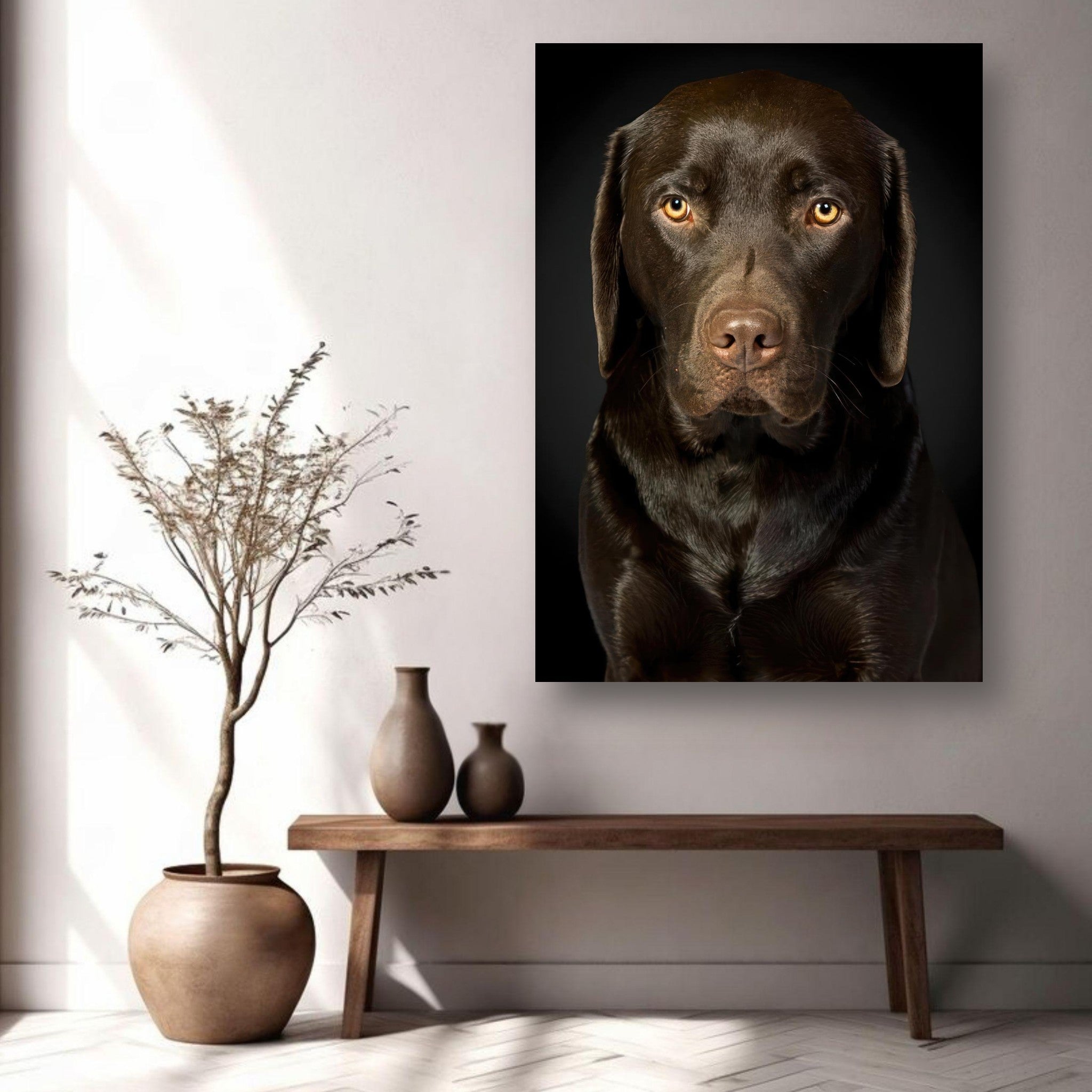 Chocolate Labrador portrait on metal print, showcasing its deep brown coat and amber eyes in a modern setting.