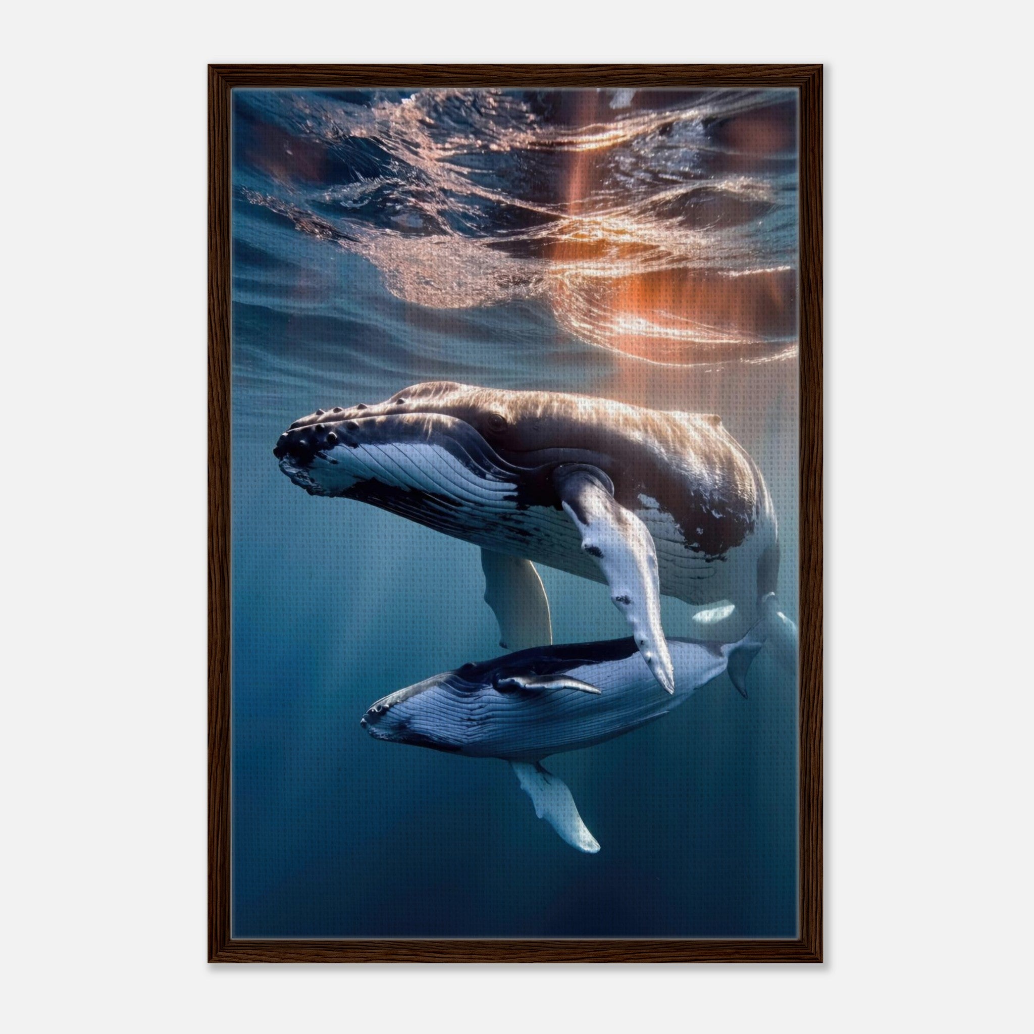 Underwater photography of a humpback whale and calf in a framed canvas print, showcasing marine life beauty.