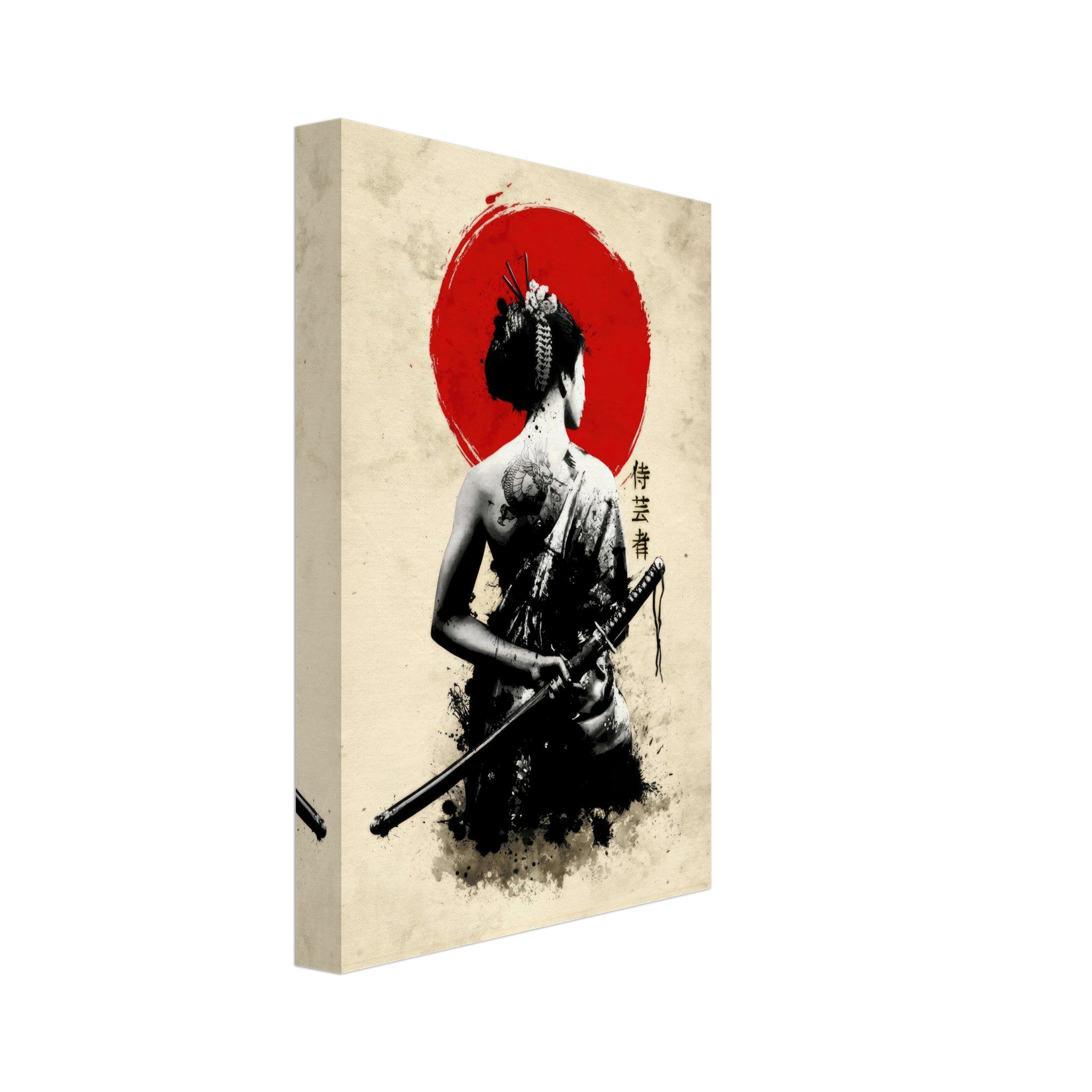 The Samurai Geisha canvas art featuring a poised geisha with a katana against a bold red sun backdrop.