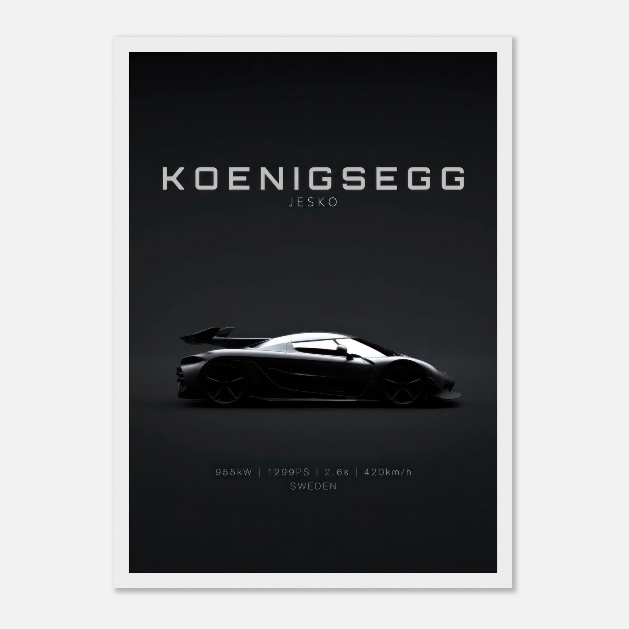 Koenigsegg Jesko framed poster showcasing the sleek hypercar silhouette on a minimalist black background.