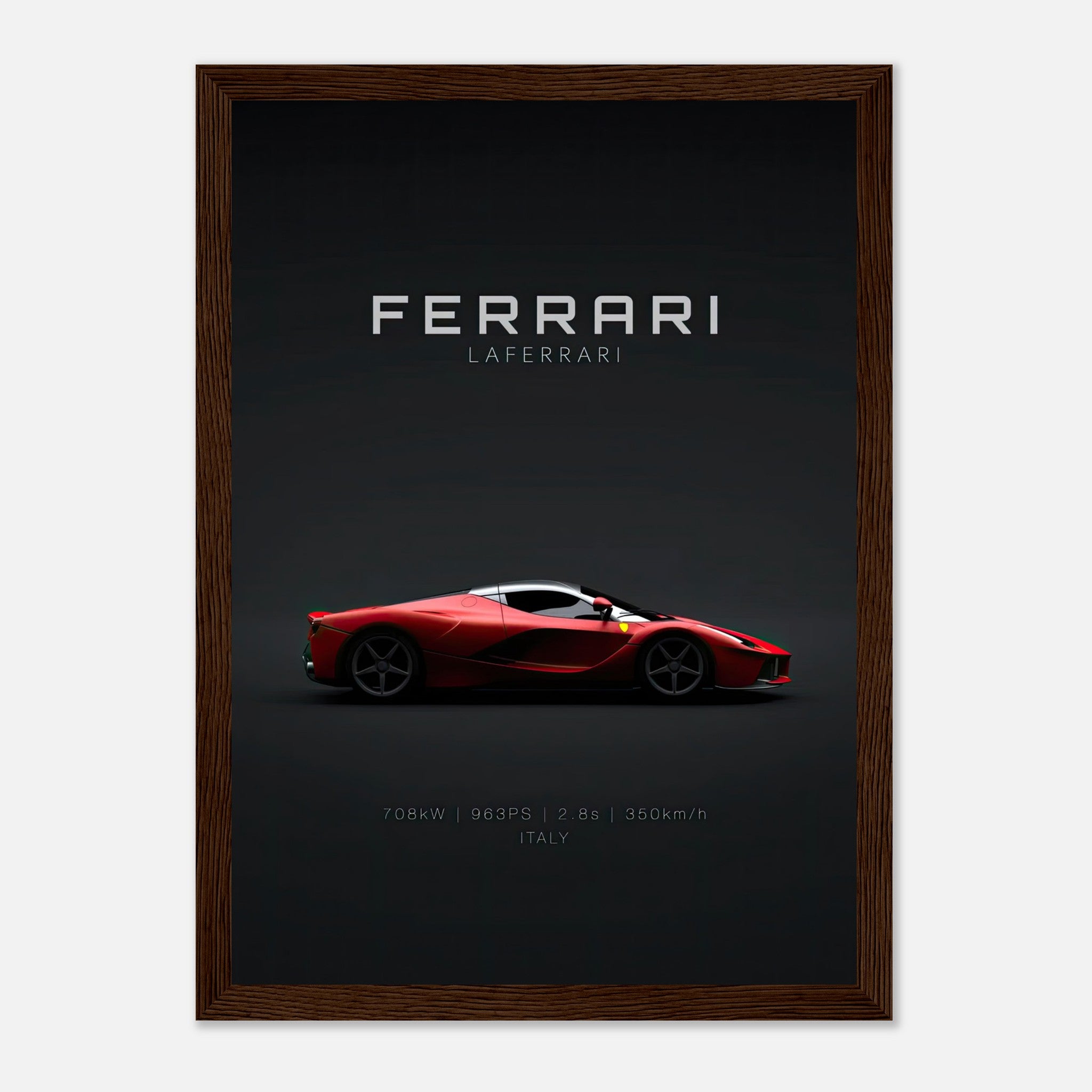 Ferrari Laferrari framed poster showcasing the sleek hypercar in red on a dark background, perfect for decor.