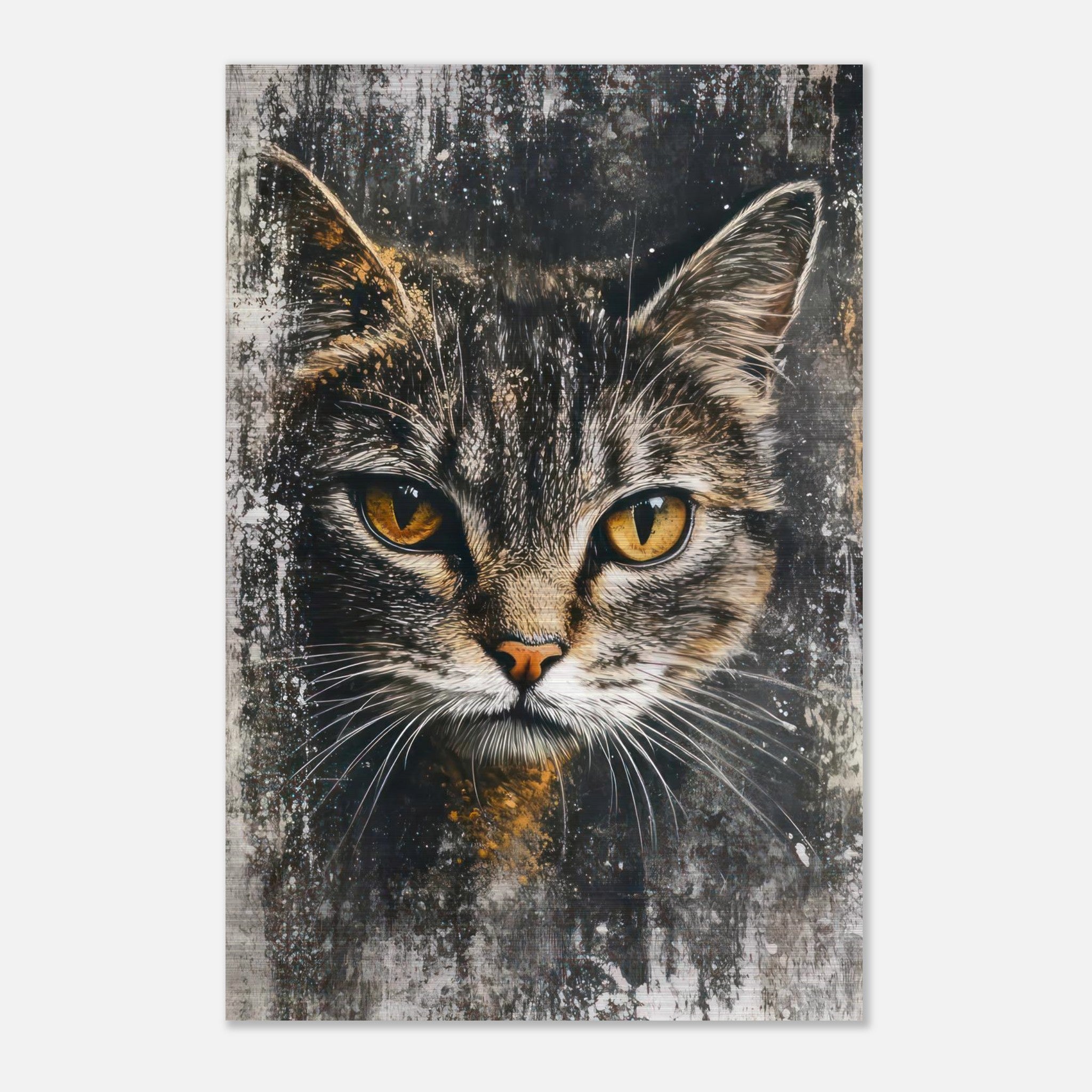Intricate cat painting on brushed metal, showcasing a lifelike feline with striking yellow eyes.