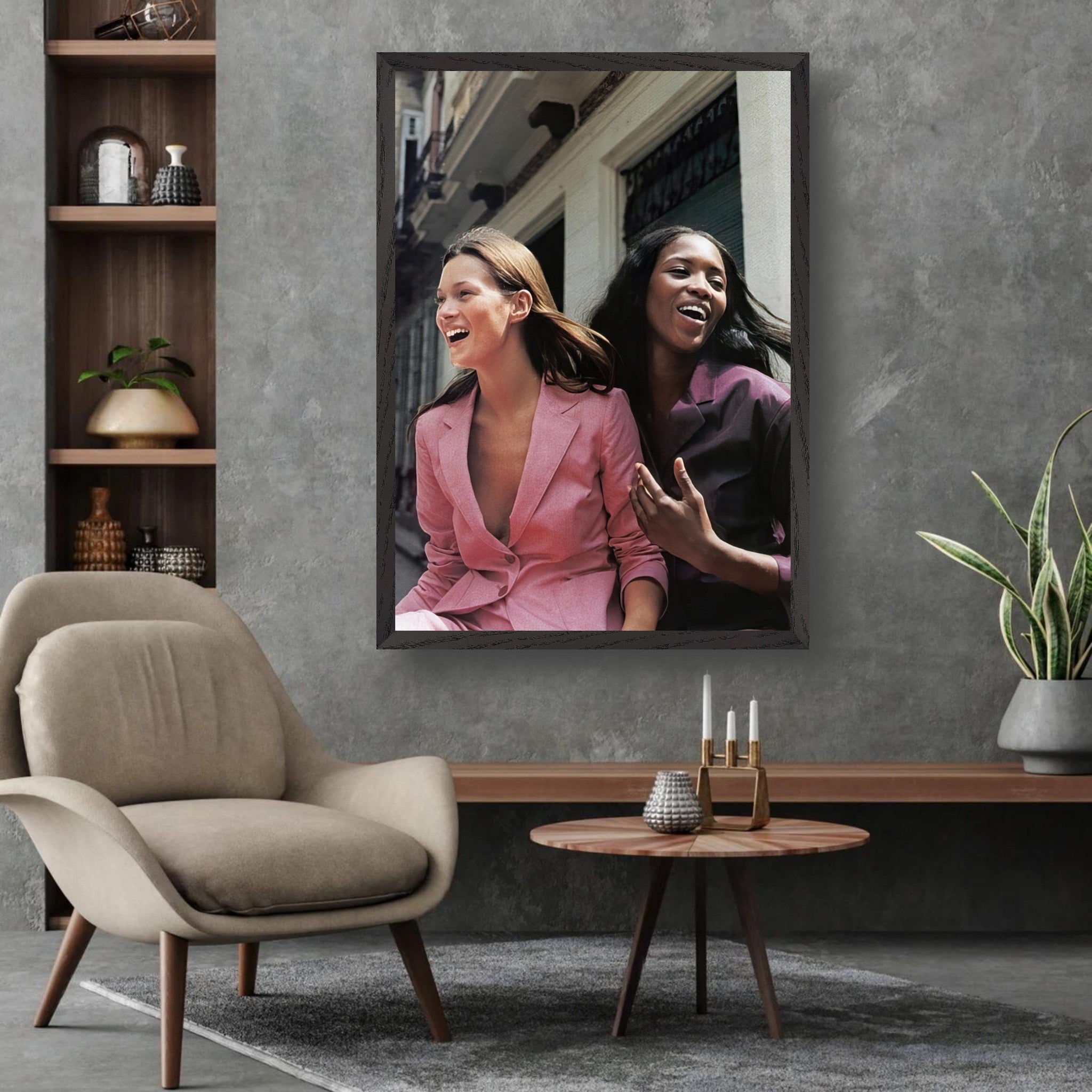 Naomi Campbell and Kate Moss fine art print, capturing high fashion and friendship, displayed in a stylish living space.