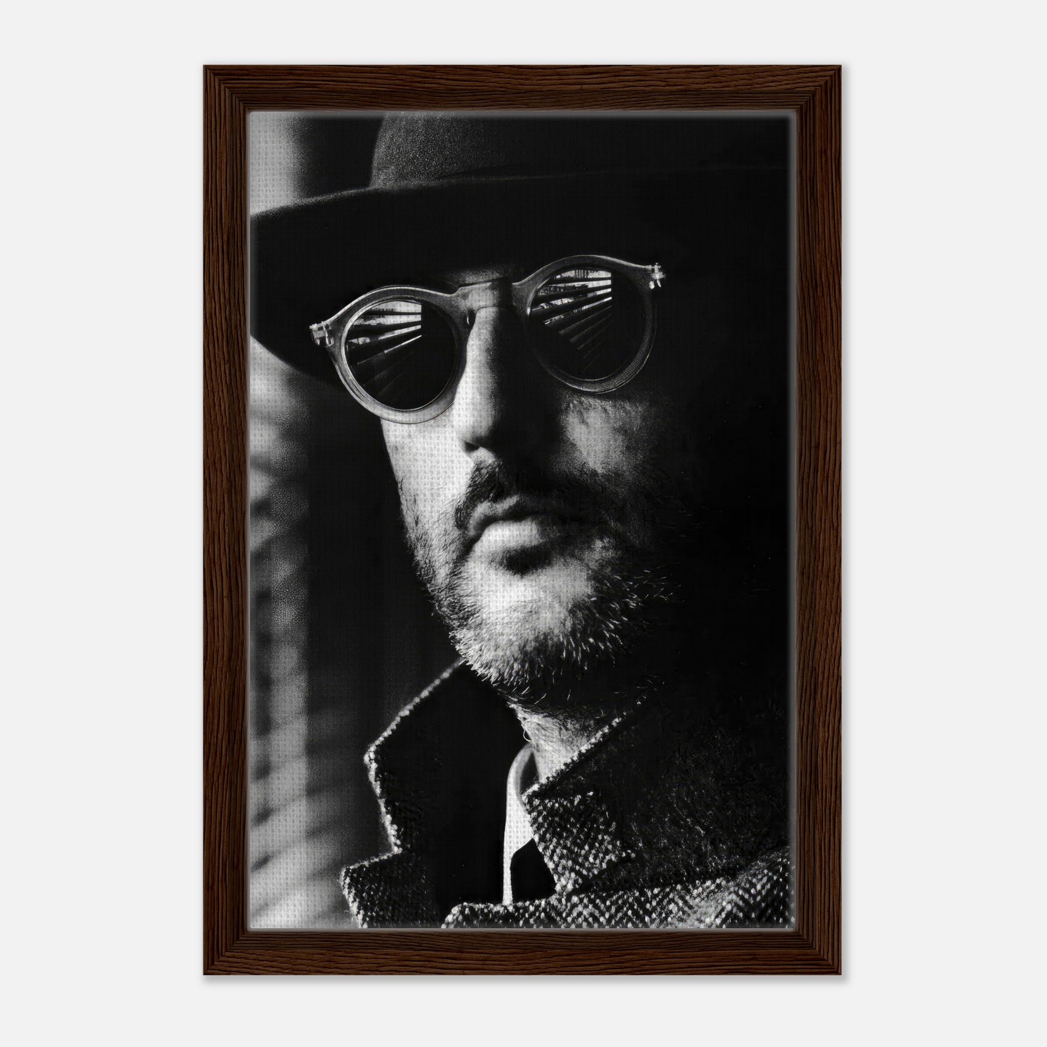 Jean Reno Leon Photography Framed Canvas Print, black-and-white portrait with striking detail and cinematic style.