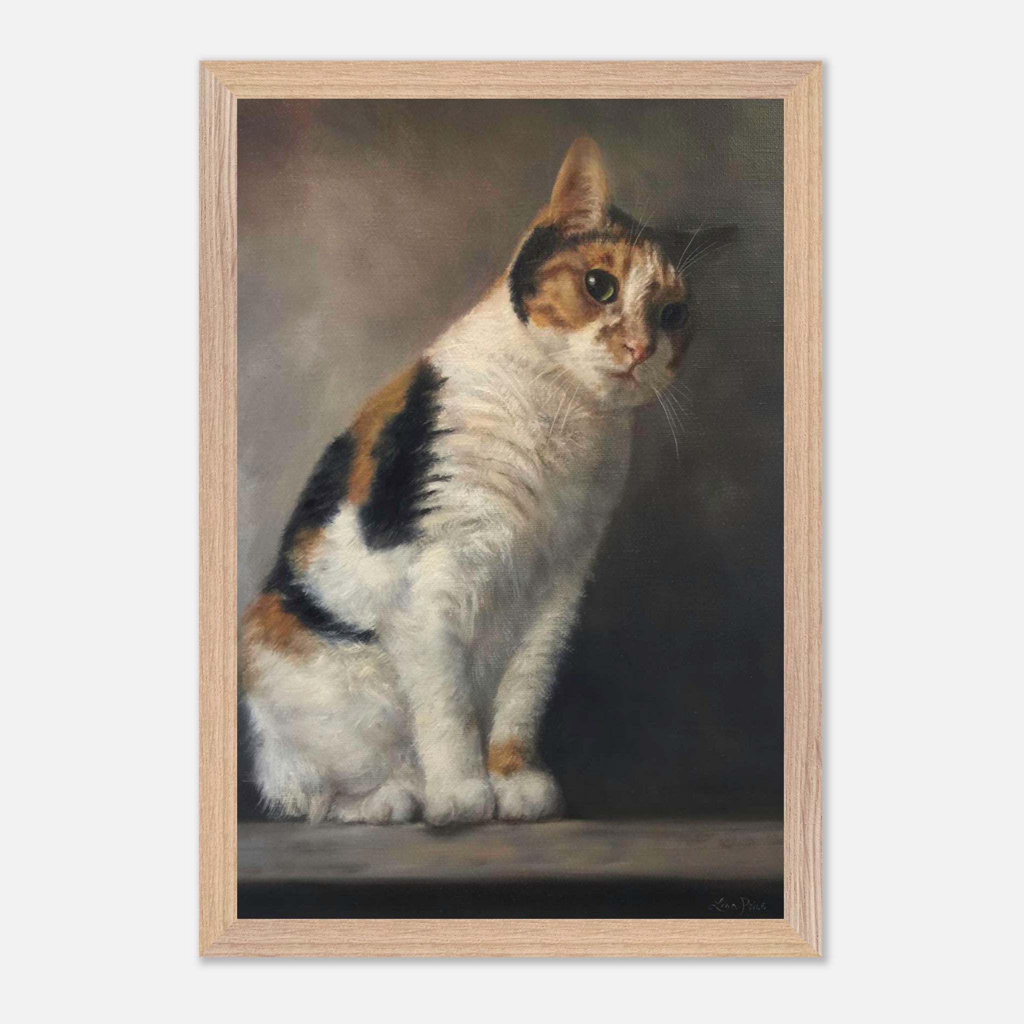 Realistic cat portrait painting in a wooden frame, showcasing fine art details and elegant feline beauty.