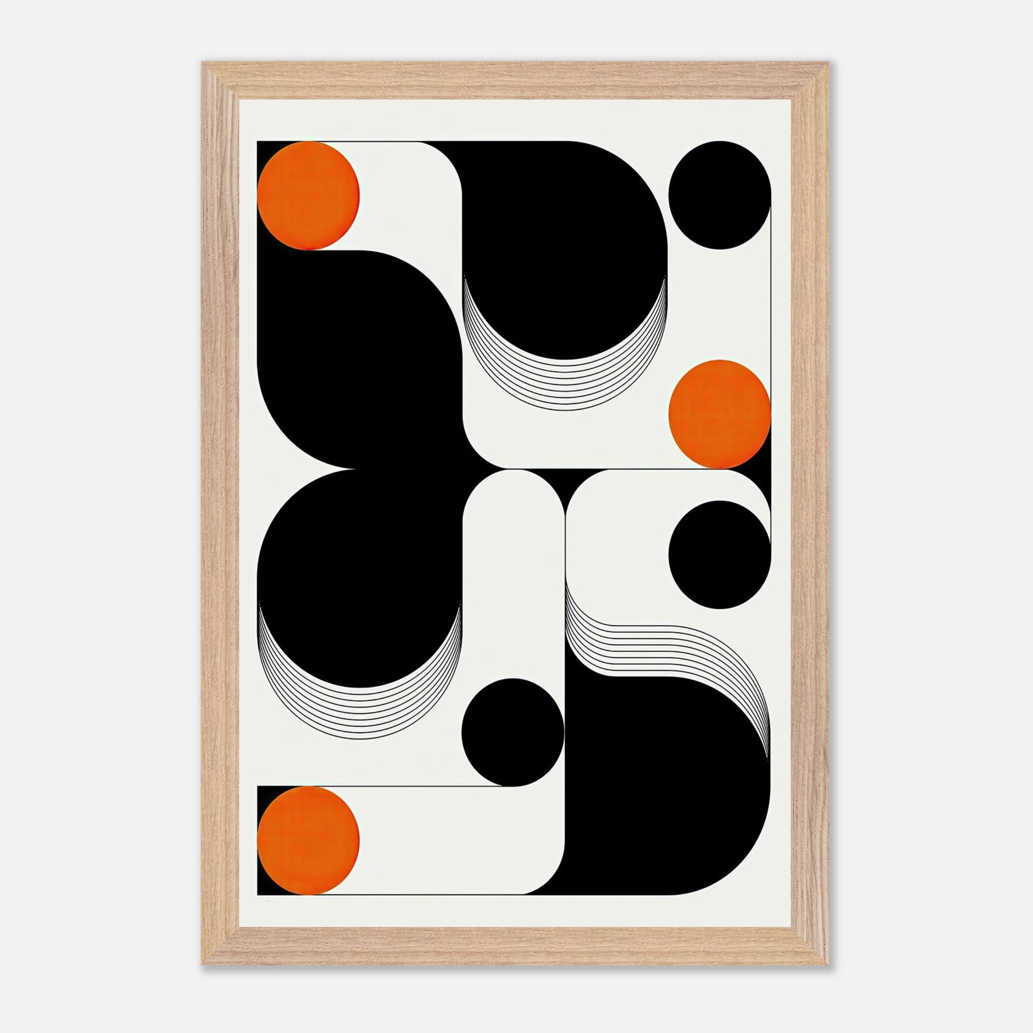 Modern geometric abstract art featuring bold black and orange shapes in a stylish frame, perfect for elevating your decor.