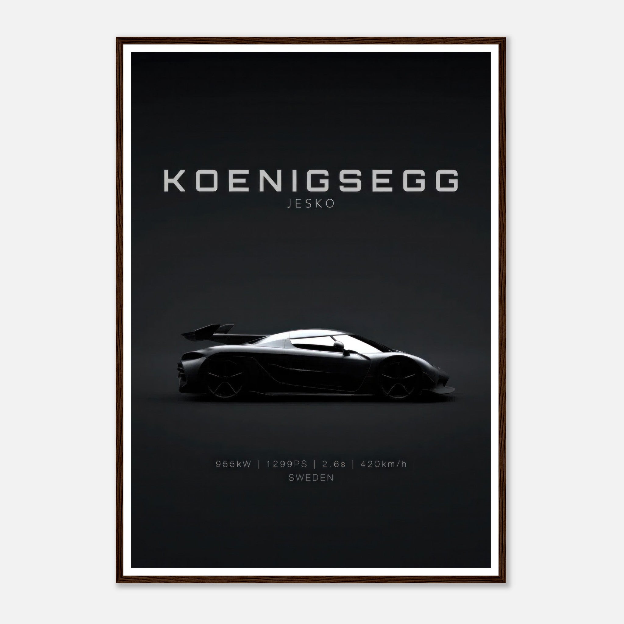 Koenigsegg Jesko framed poster showcasing the hypercar's sleek silhouette on a minimalist black background.