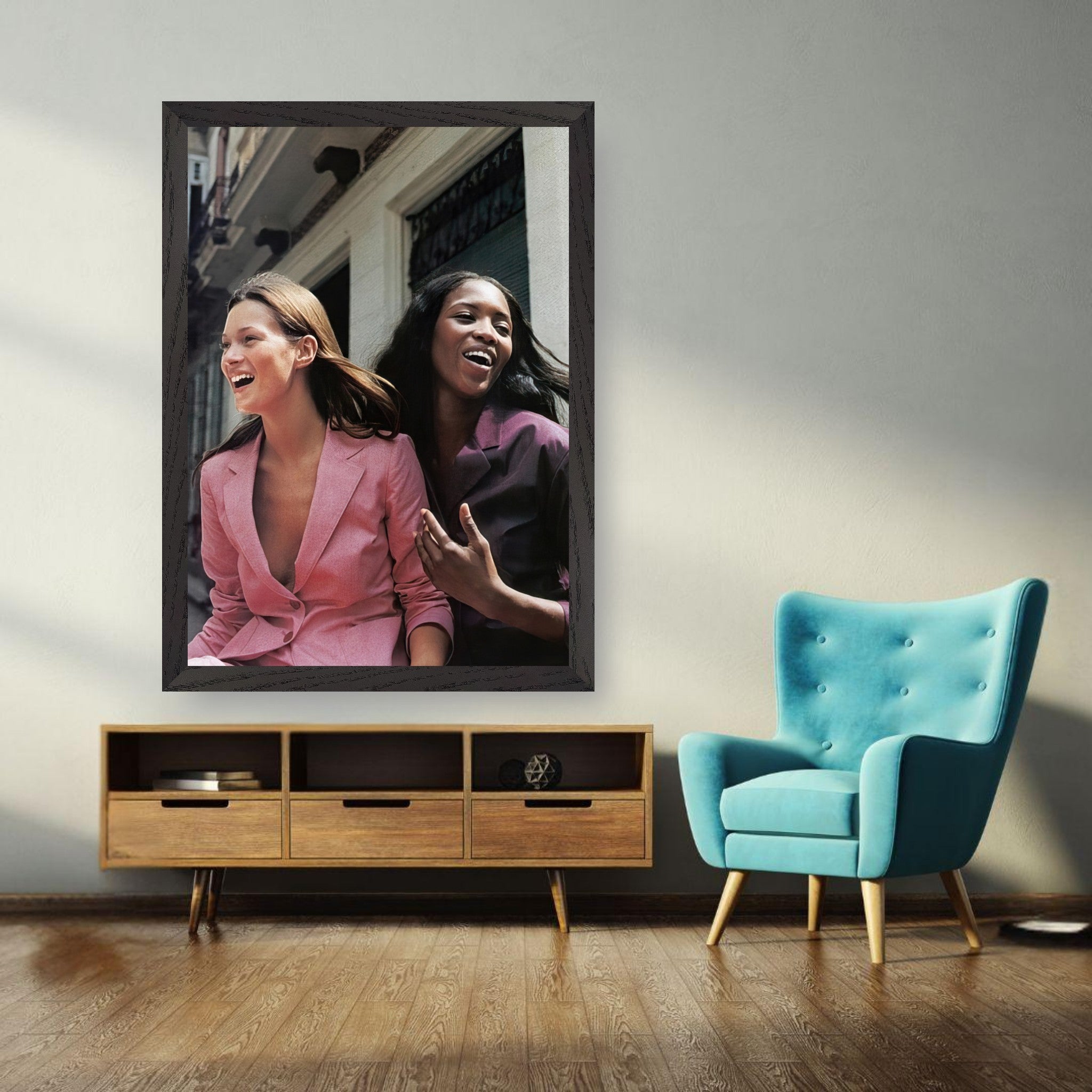 Naomi Campbell x Kate Moss vintage framed print showcasing iconic supermodels in candid moment, perfect for stylish decor.