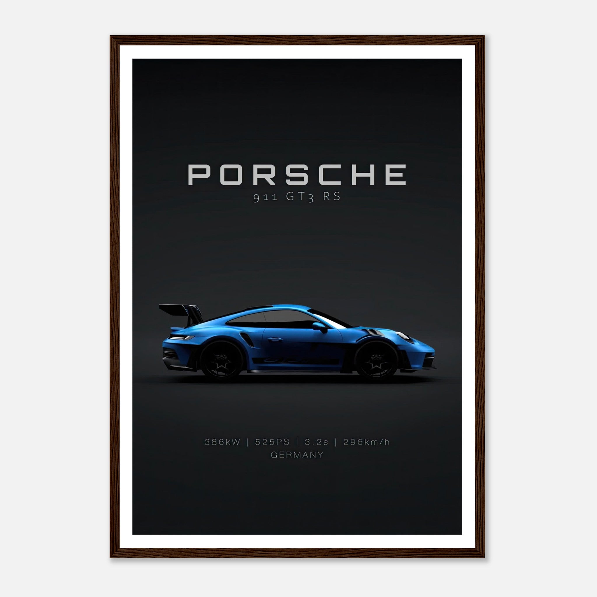 Framed poster of Porsche 911 GT3 RS showcasing its sleek silhouette and performance stats against a dark background.