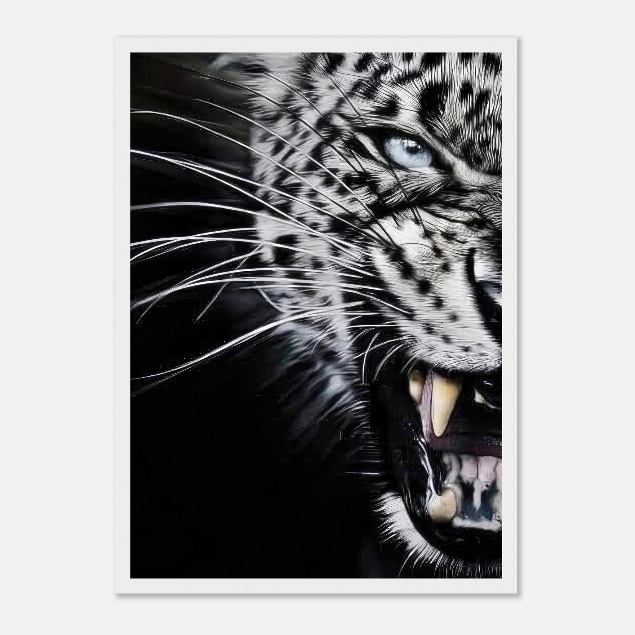 Close-up portrait of a fierce leopard mid-snarl, showcasing sharp fangs and piercing blue eyes.