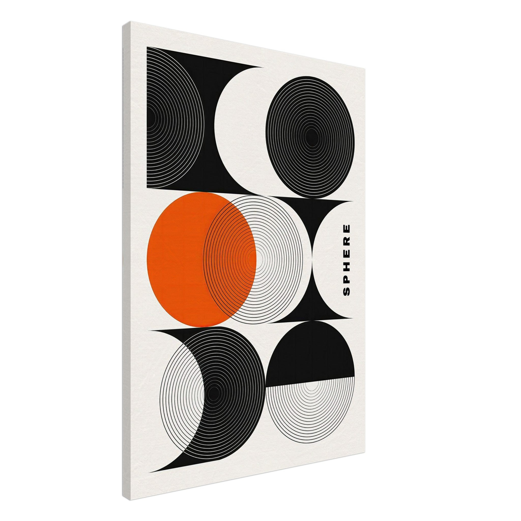 Abstract geometric sphere canvas print featuring black, white, and vibrant orange circular patterns.