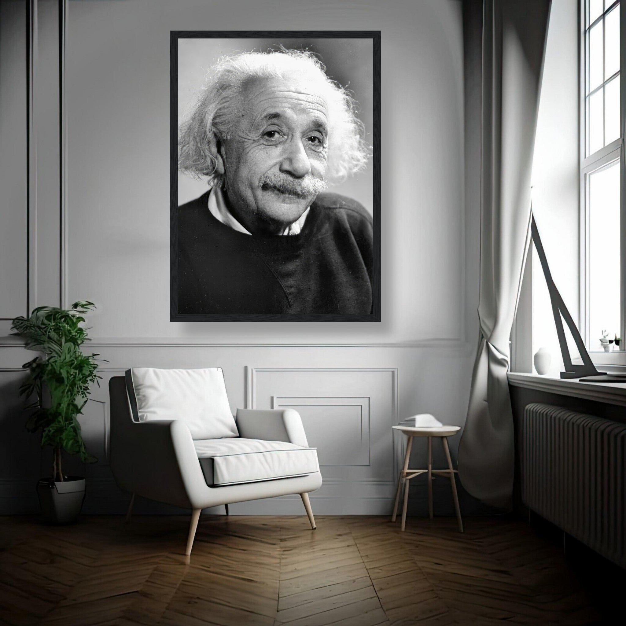 Albert Einstein 1946 framed print in a stylish room, showcasing a timeless black-and-white portrait.