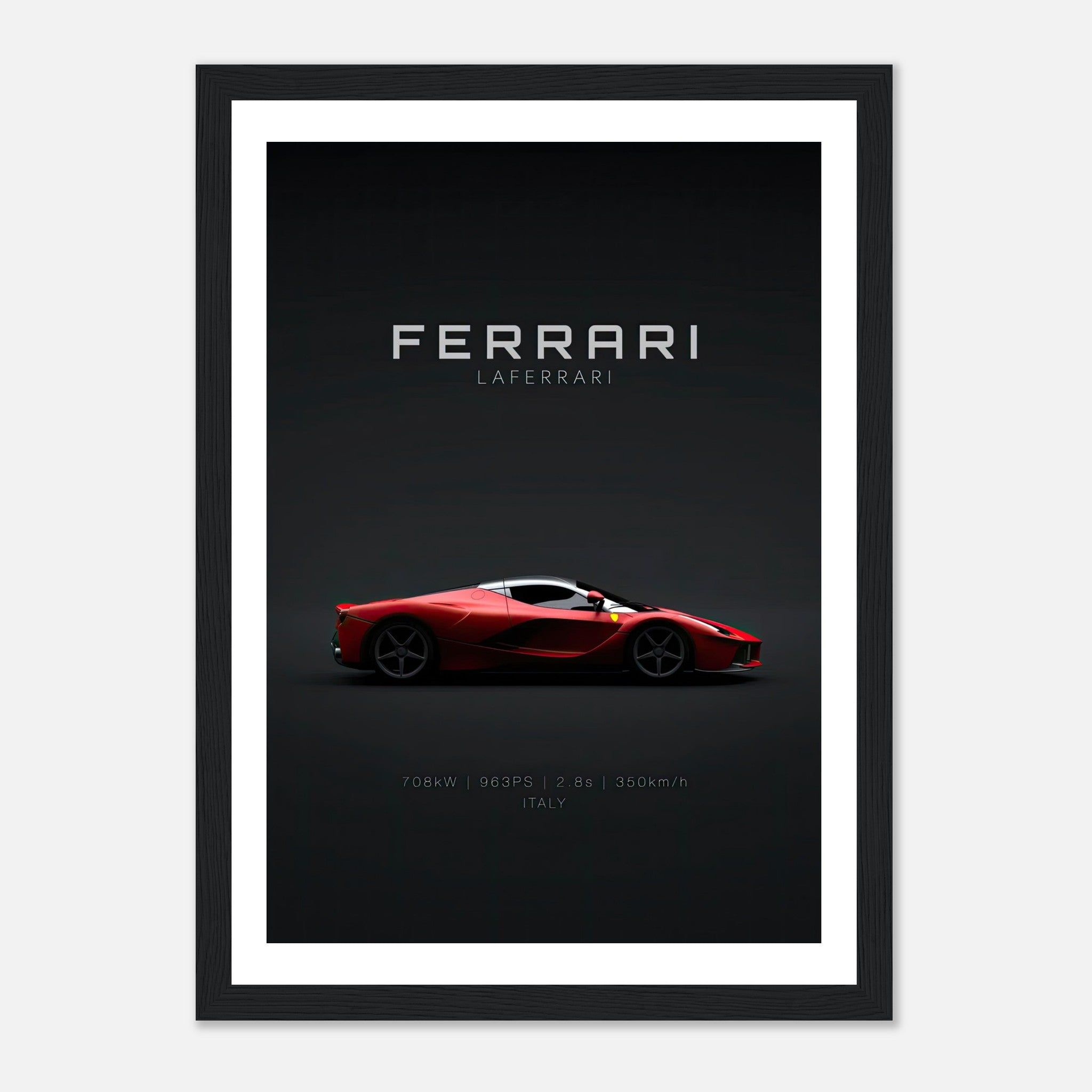 Ferrari Laferrari framed poster showcasing sleek red hypercar against dark background.
