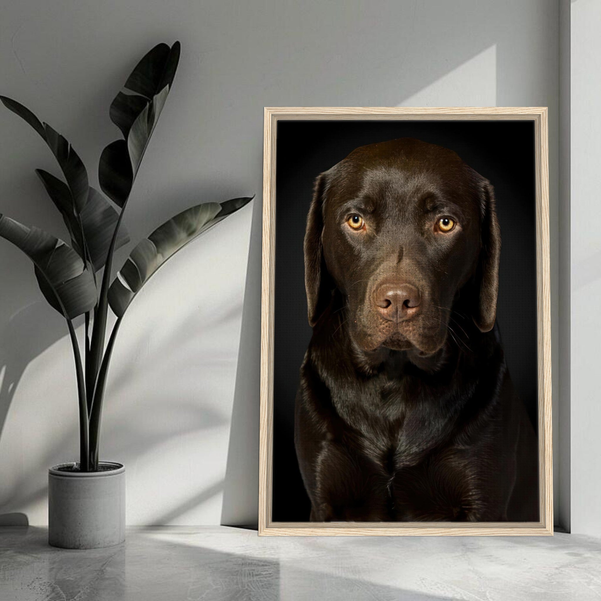 Chocolate Labrador portrait framed canvas print showcasing warm eyes and rich brown coat in stylish interior setting.