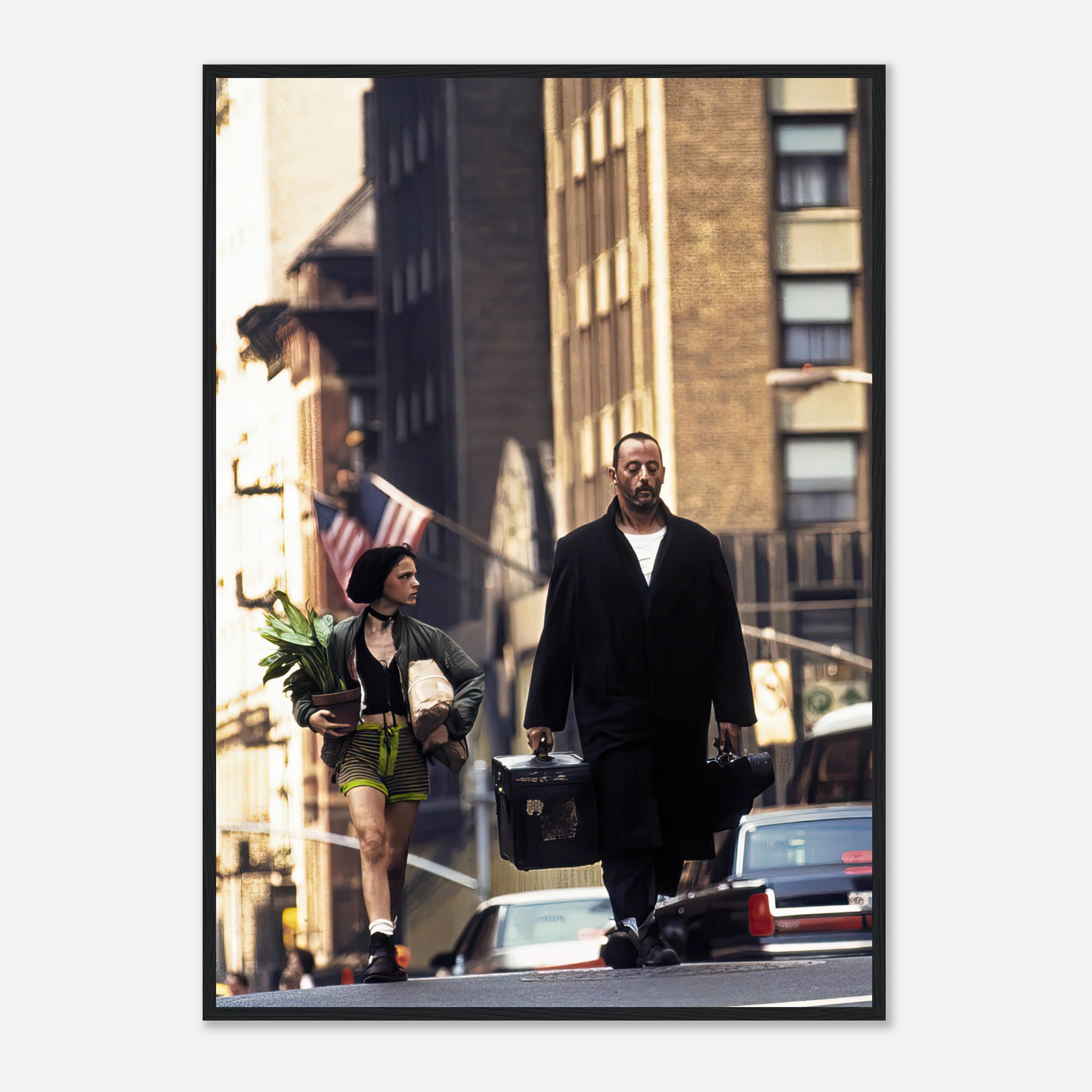Jean Reno and Natalie Portman walking in the city from the film *Leon*, framed print capturing their iconic bond.