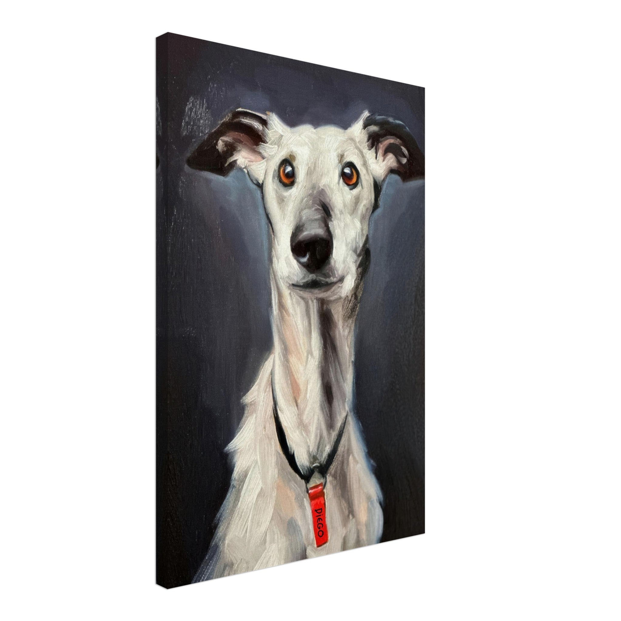 Elegant greyhound dog painting on canvas print with captivating expression and detailed features.