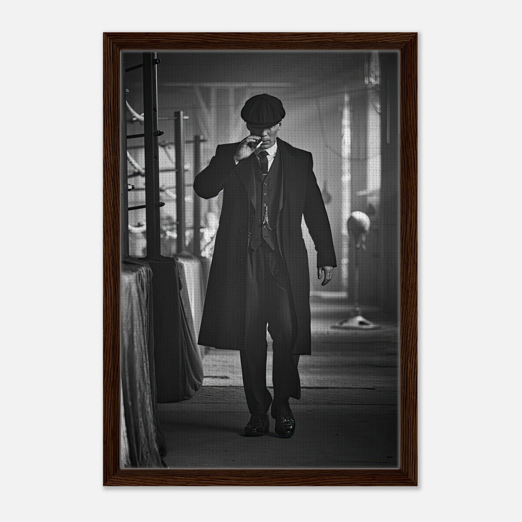 Tommy Shelby Peaky Blinders framed canvas print in monochrome, showcasing his iconic style and powerful presence.