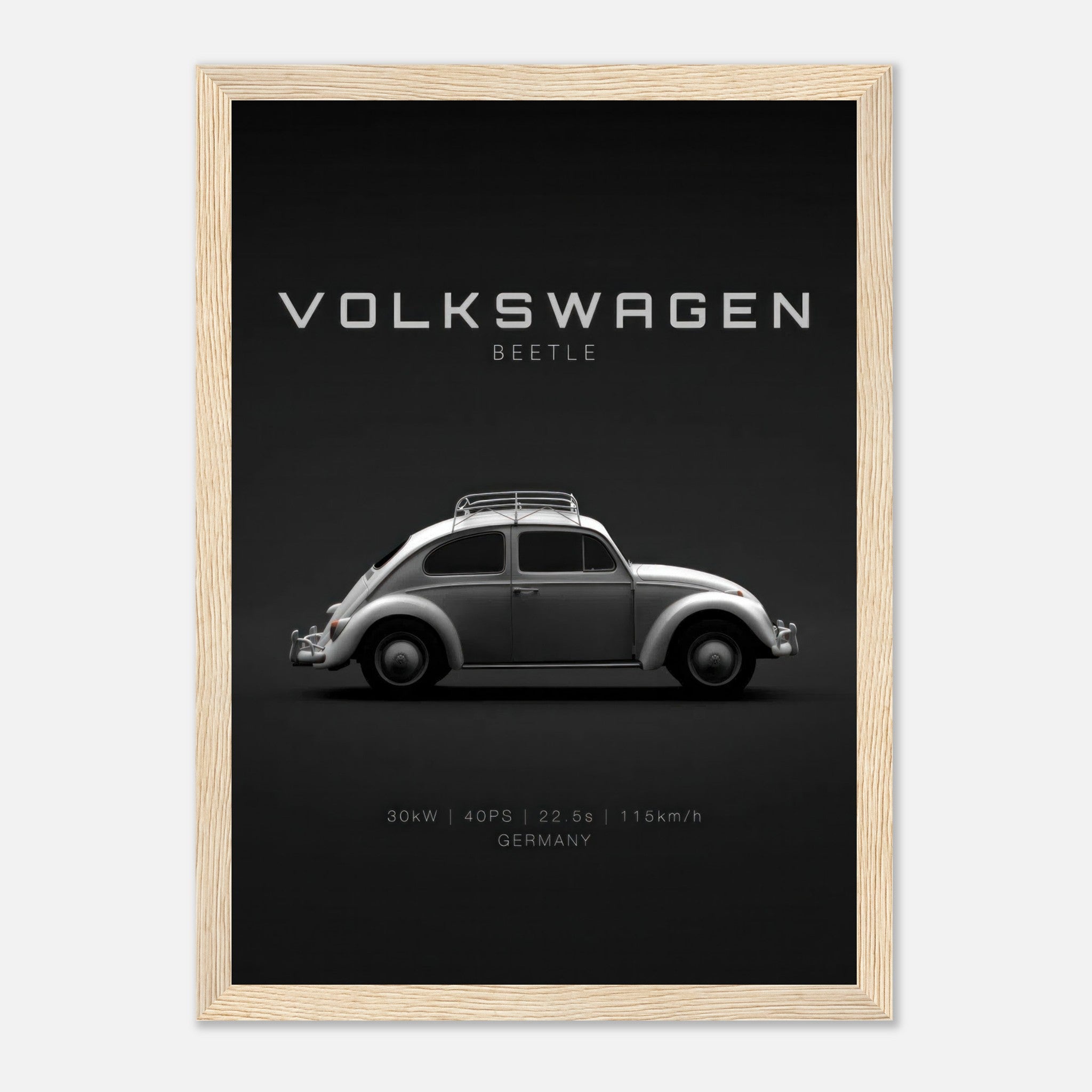 Framed poster of a Volkswagen Beetle with sleek side profile on a black background, showcasing vintage automotive design.