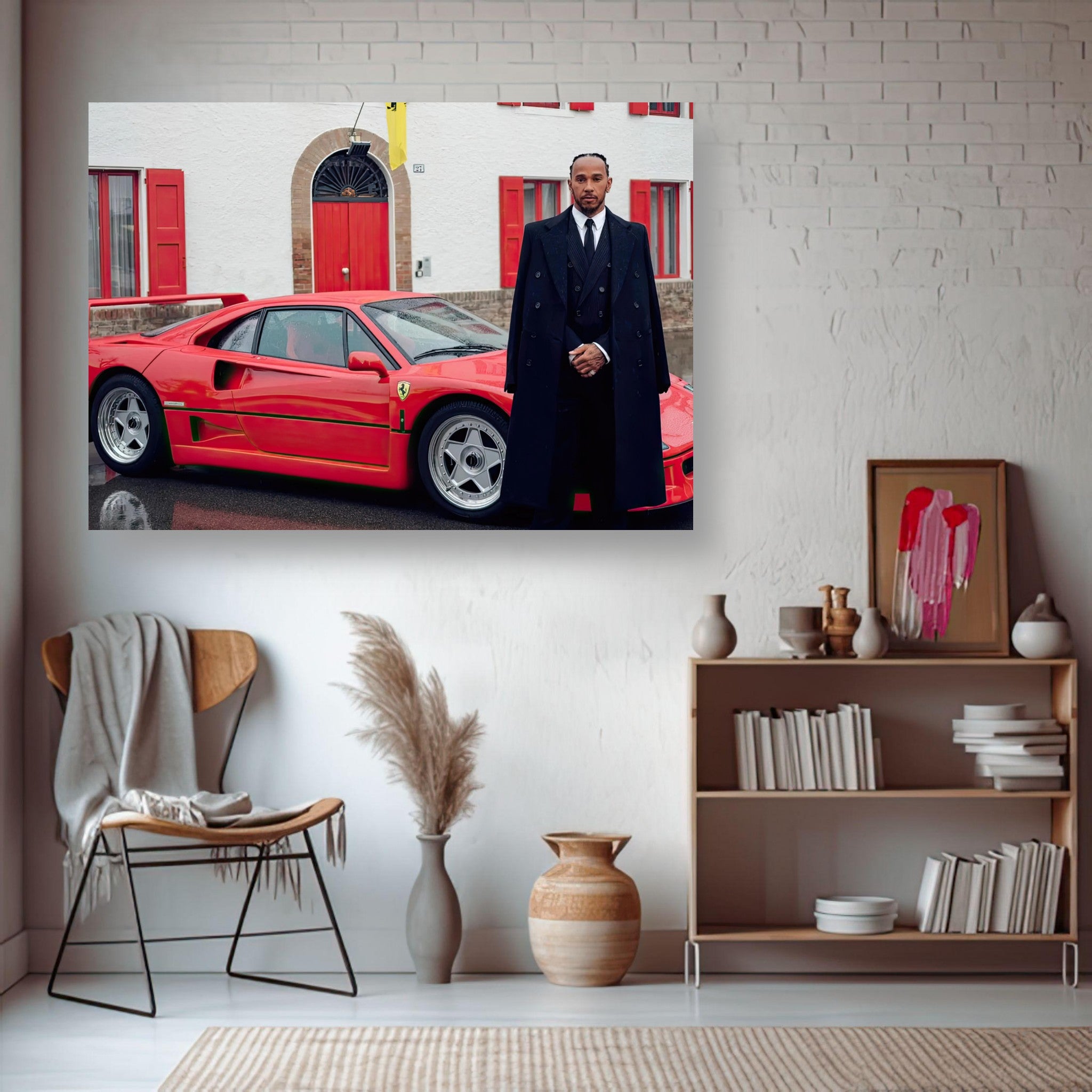 Lewis Hamilton standing next to a red Ferrari F40 in front of Enzo Ferrari's home, stylish debut poster.