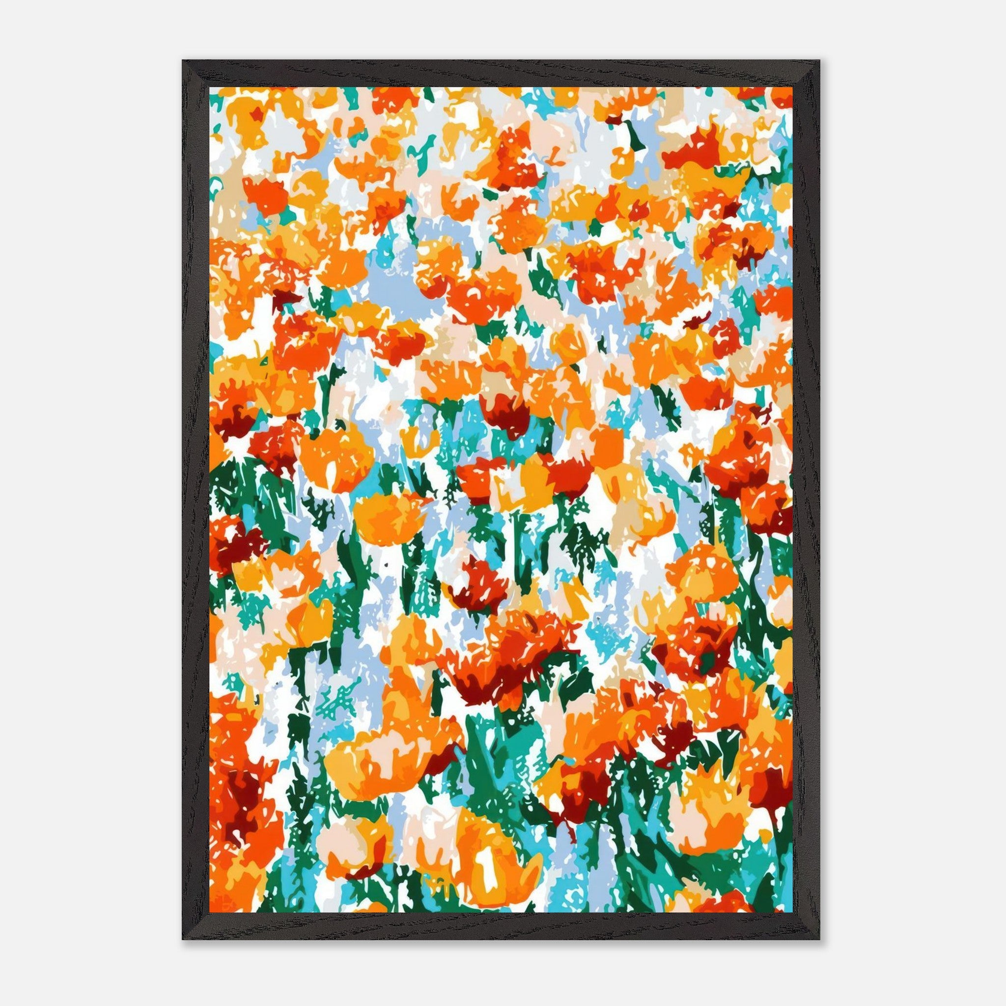 Vibrant abstract floral tulip garden artwork with dynamic colors and bold strokes in a museum-quality frame.