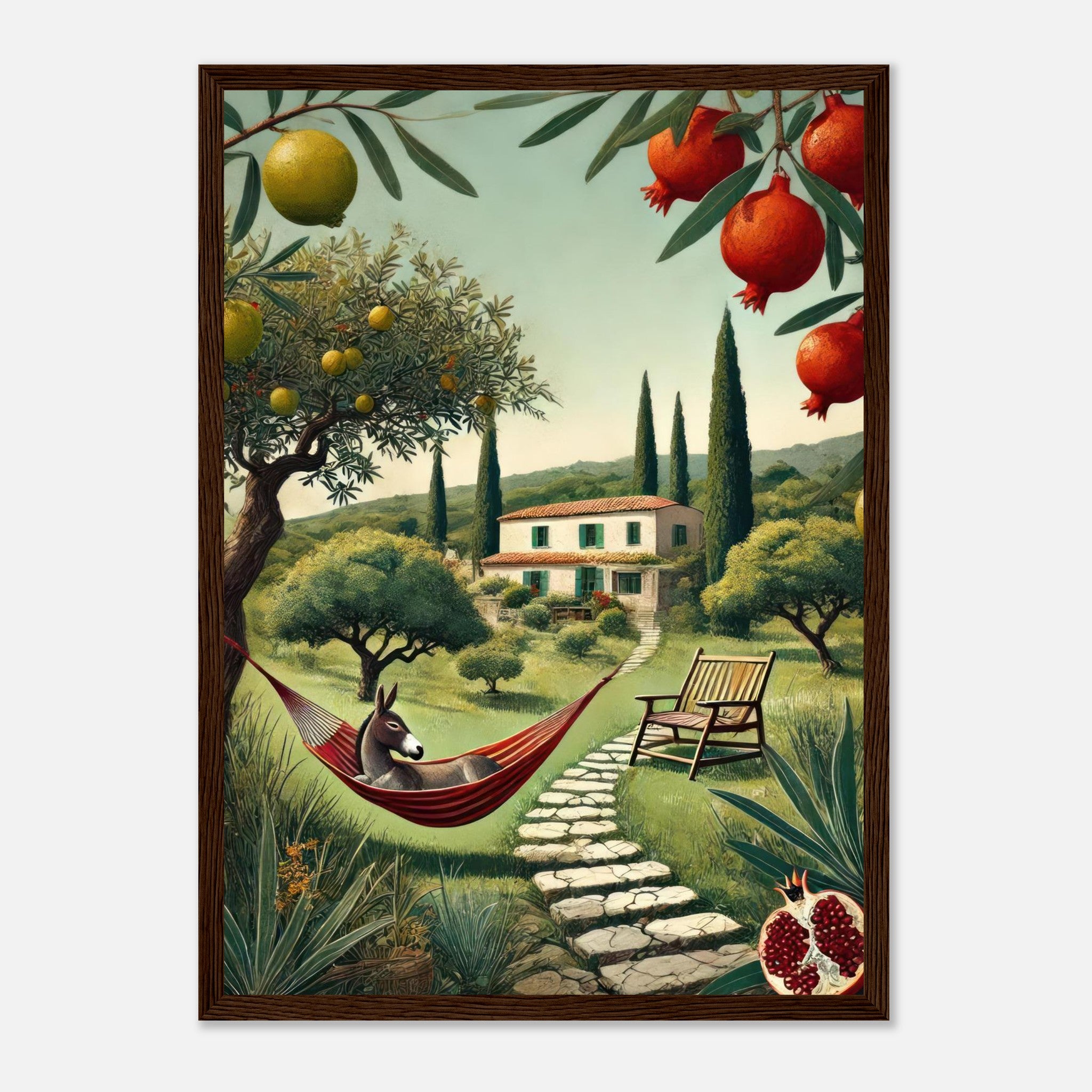 Mediterranean rural landscape framed print featuring a donkey in a hammock, villa, and lush greenery.