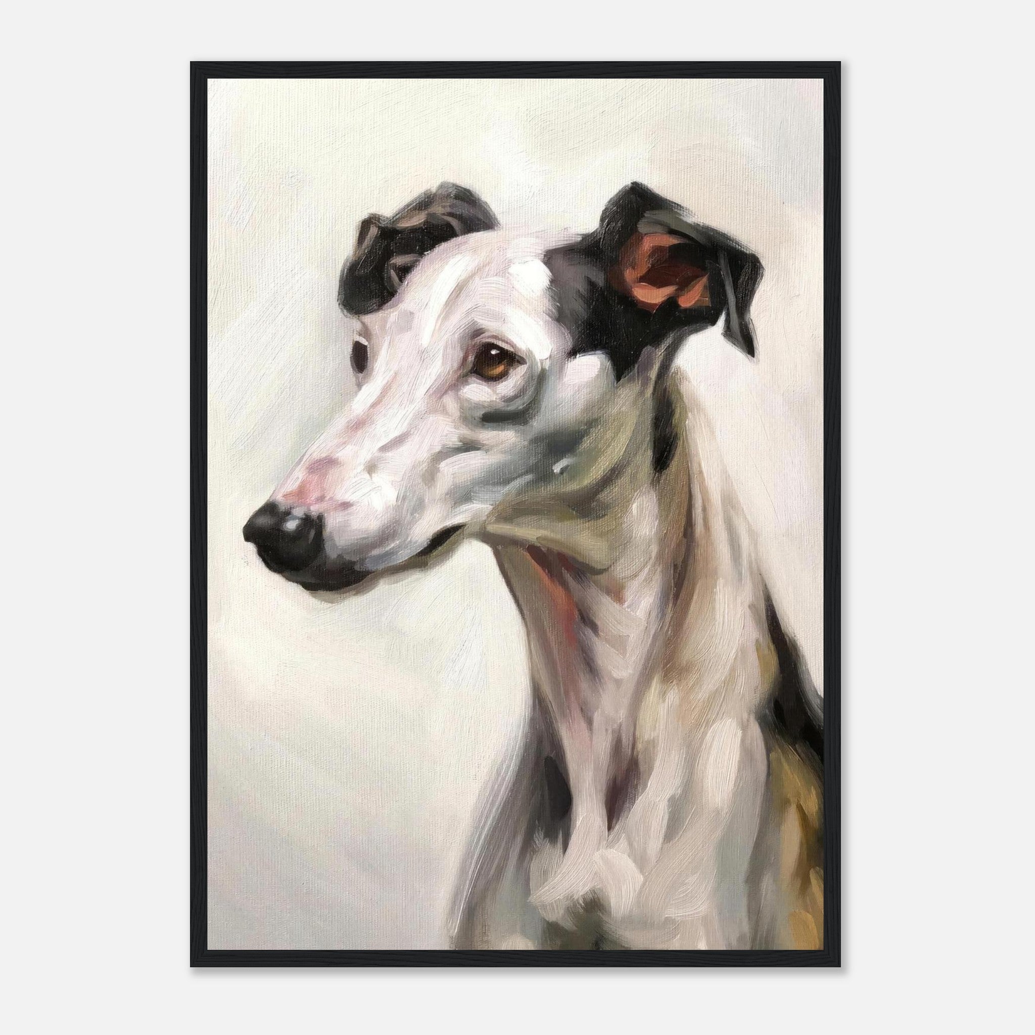 Framed print of a Greyhound dog painting, showcasing its elegance and gentle expression with soft brushstrokes.