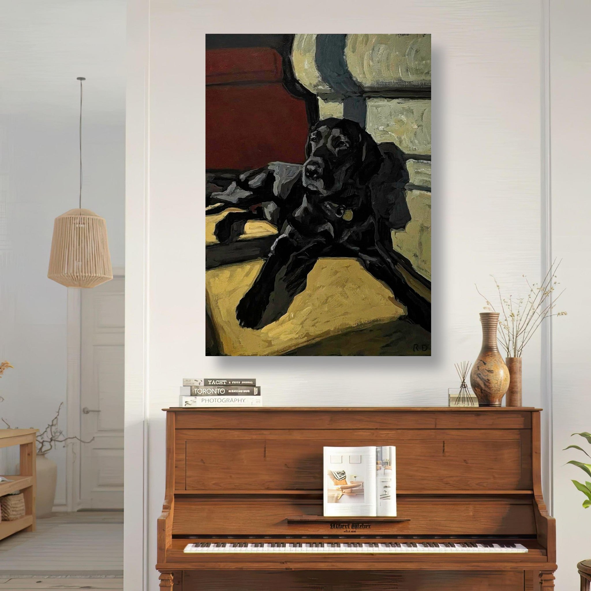 Black Labrador dog painting metal print displayed in a stylish living room above a piano.