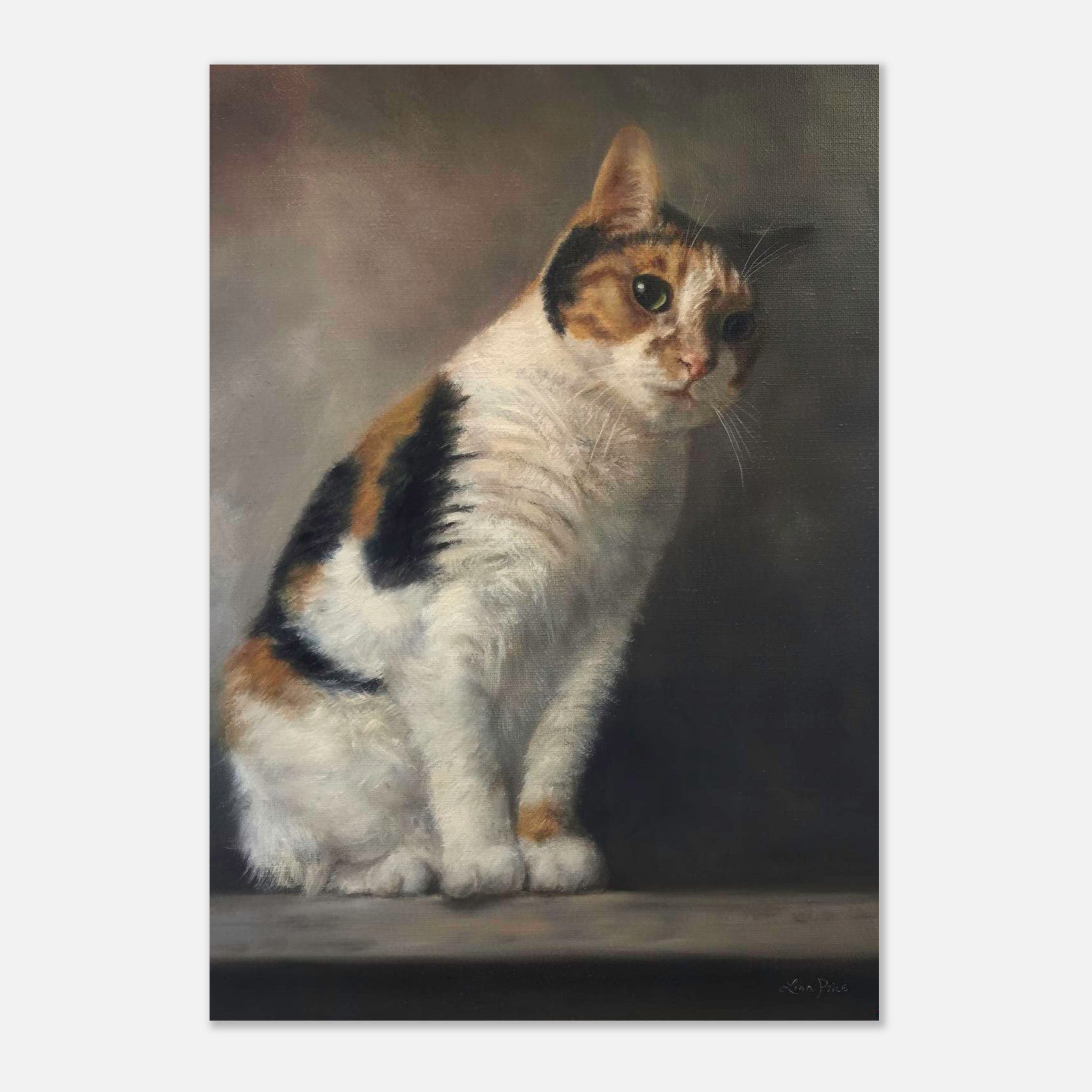 Realistic cat portrait painting poster showcasing a lifelike feline with detailed textures and warm tones.