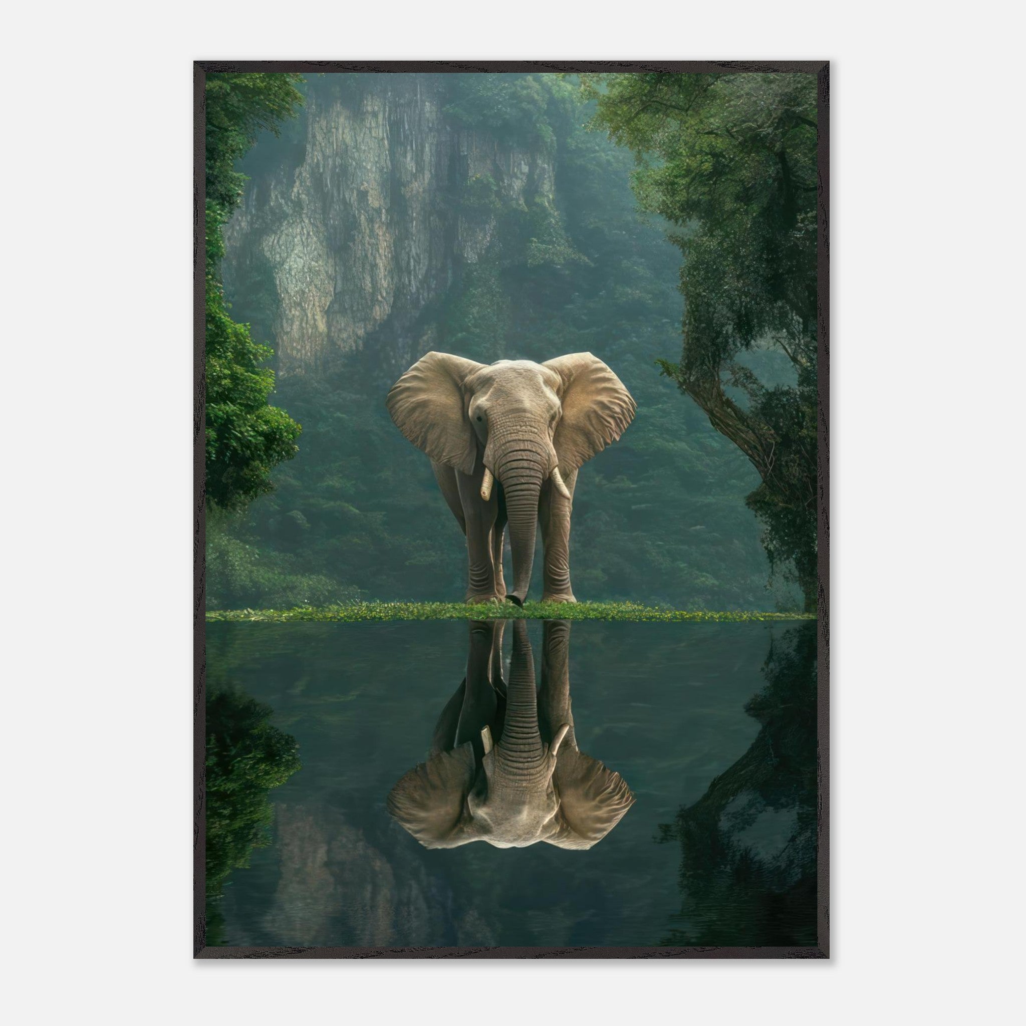 Majestic jungle elephant portrait reflecting in tranquil water, surrounded by lush greenery, fine art print.
