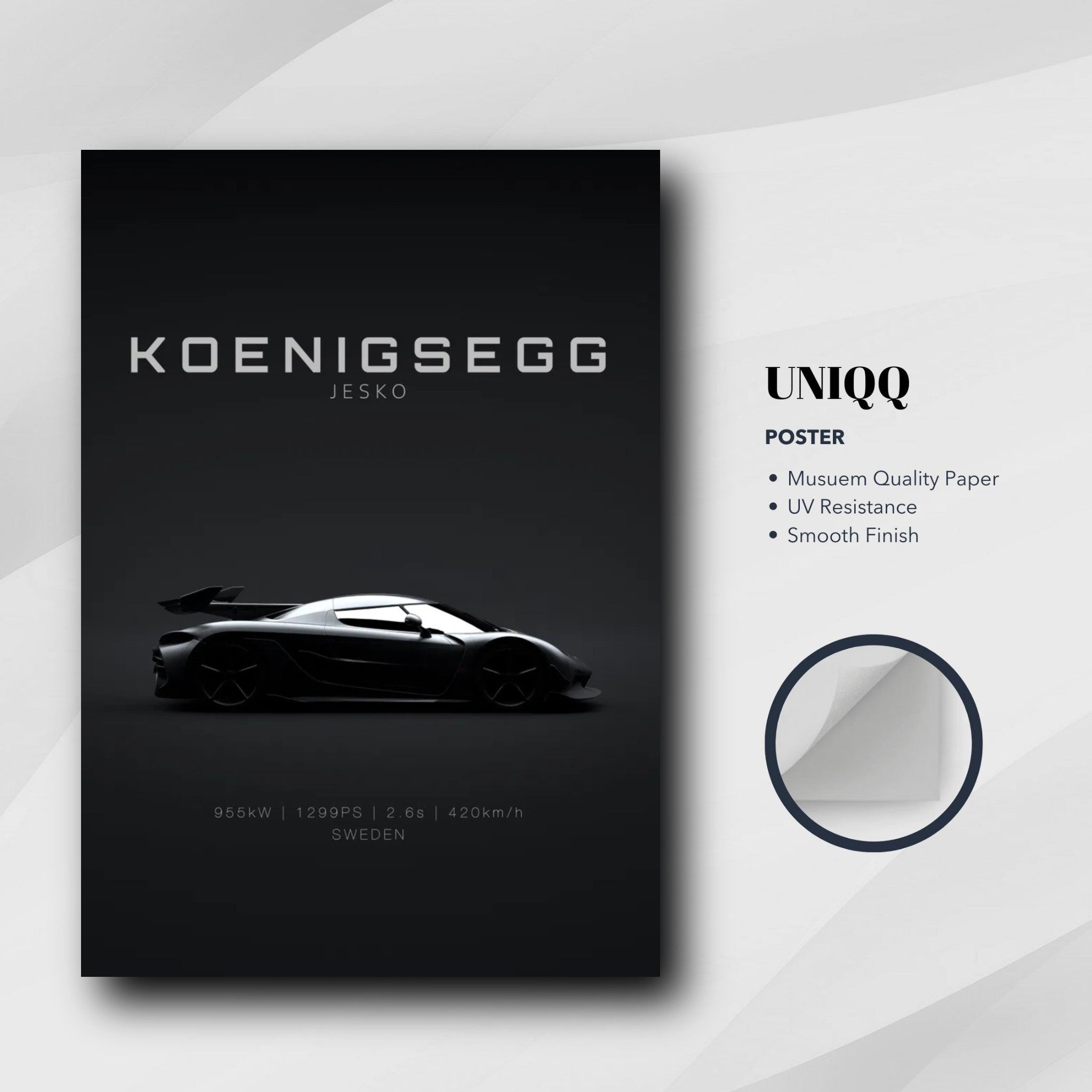 Koenigsegg Jesko poster featuring sleek silhouette on minimalist black background, perfect for automotive enthusiasts.